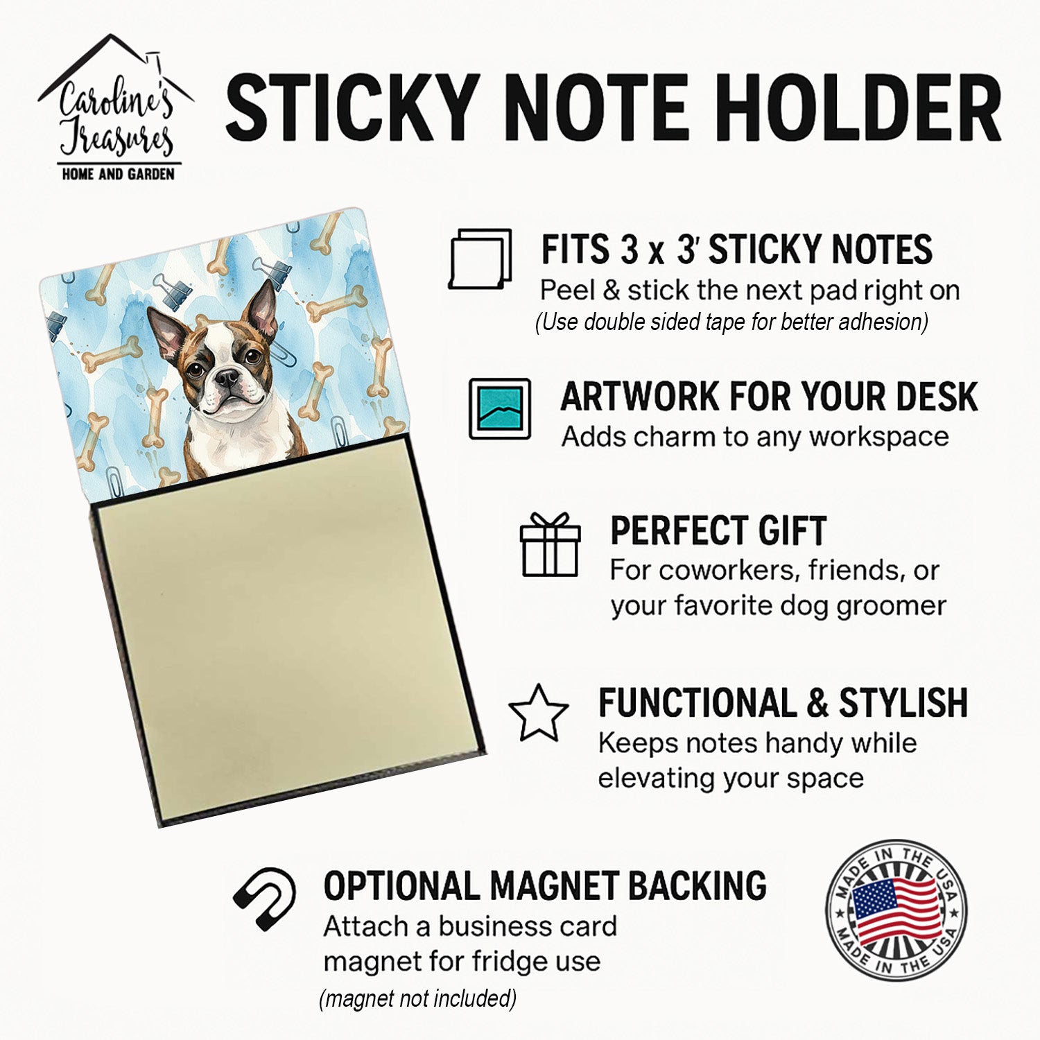 Brindle Boston Terrier Coworker Watercolor Sticky Note Holder Refillable Dispenser Desk Accessory 3x3 Pad Gift