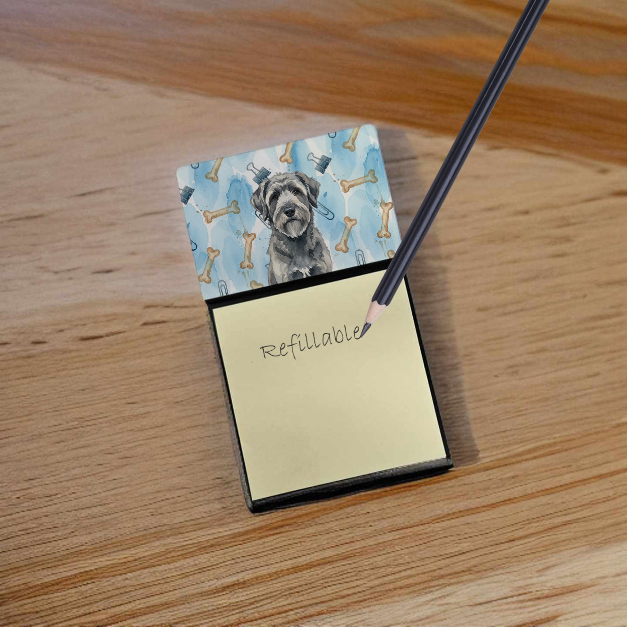 Gray Bouvier des Flandres Coworker Watercolor Sticky Note Holder Refillable Dispenser Desk Accessory 3x3 Pad Gift