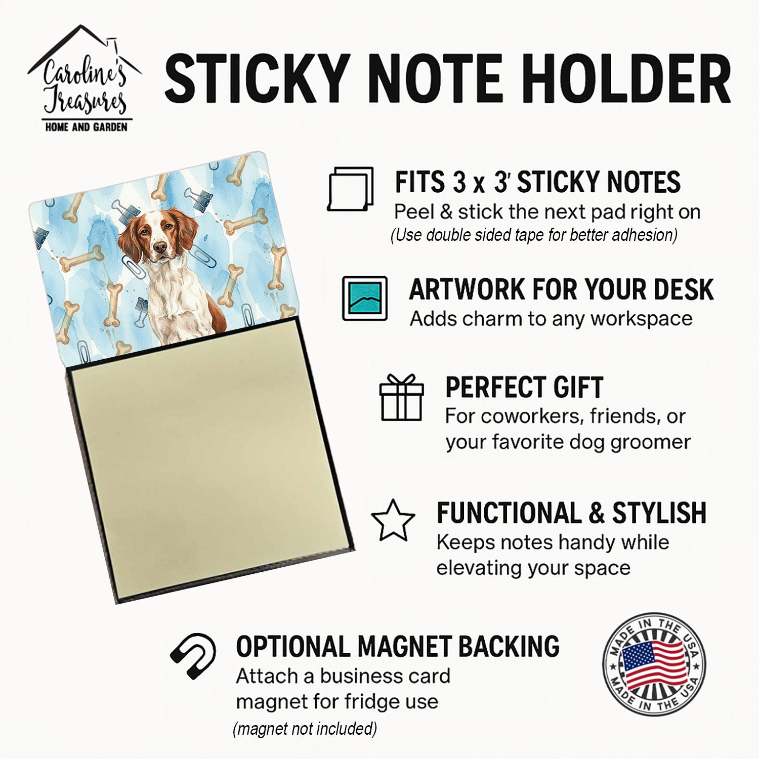 Liver and White Brittany Coworker Watercolor Sticky Note Holder Refillable Dispenser Desk Accessory 3x3 Pad Gift