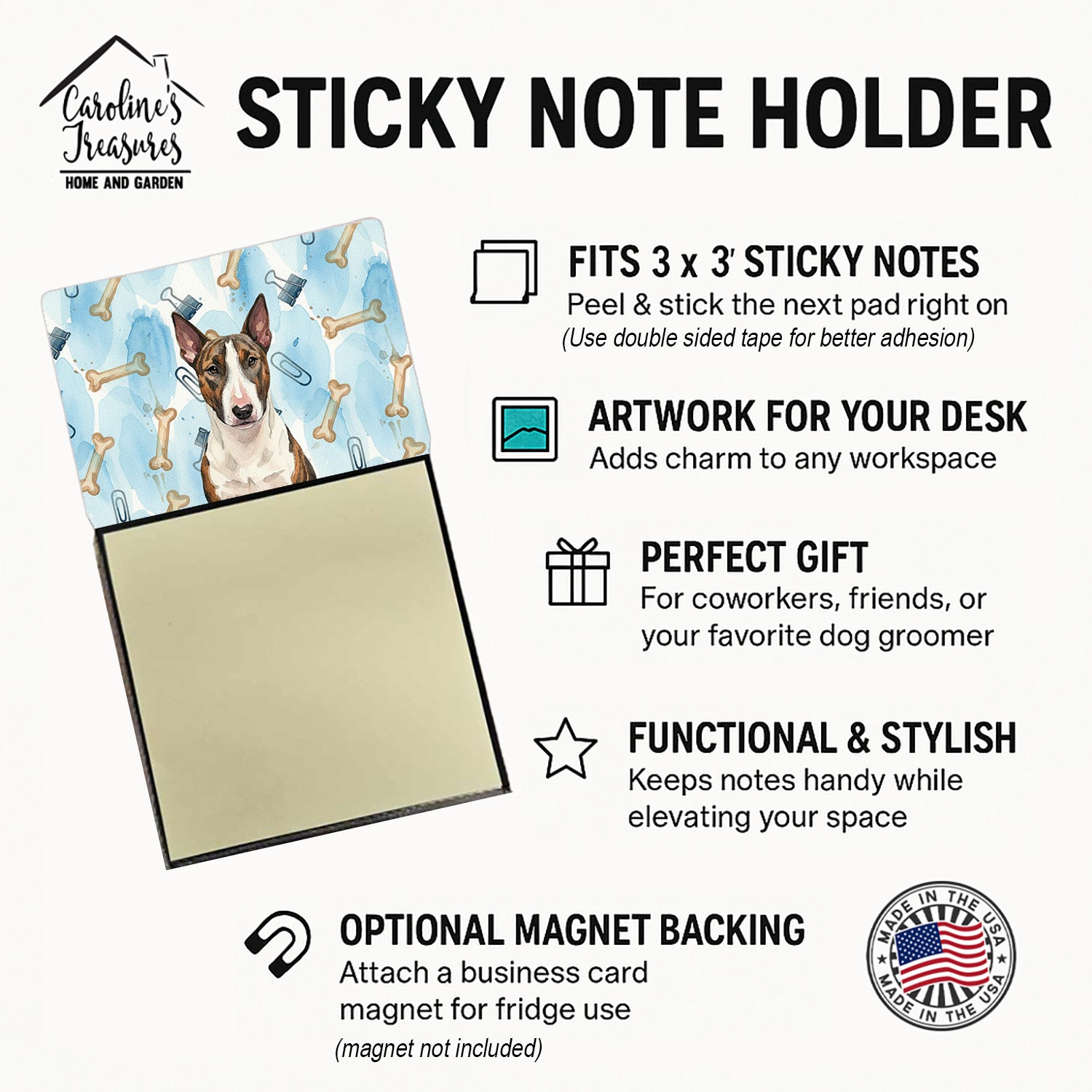 Brindle and White Bull Terrier Coworker Watercolor Sticky Note Holder Refillable Dispenser Desk Accessory 3x3 Pad Gift