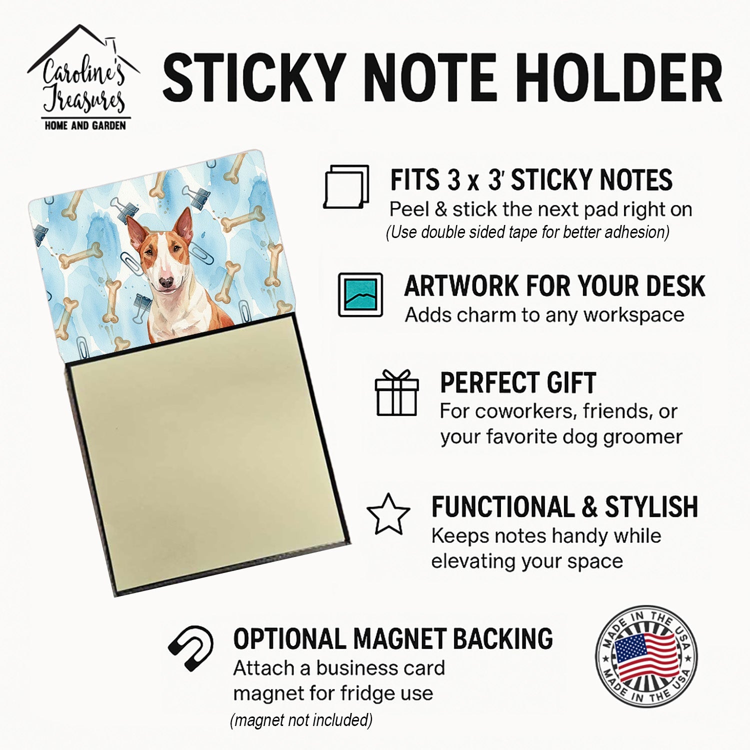 Red and White Bull Terrier Coworker Watercolor Sticky Note Holder Refillable Dispenser Desk Accessory 3x3 Pad Gift