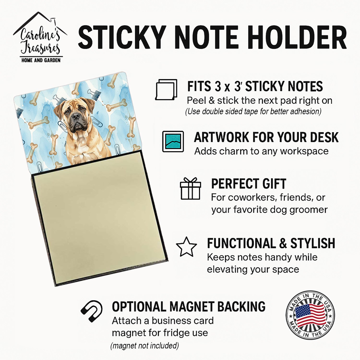 Bullmastiff Coworker Watercolor Sticky Note Holder Refillable Dispenser Desk Accessory 3x3 Pad Gift
