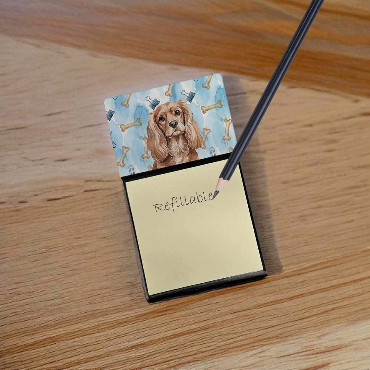 Ruby Cavalier Spaniel Coworker Watercolor Sticky Note Holder Refillable Dispenser Desk Accessory 3x3 Pad Gift