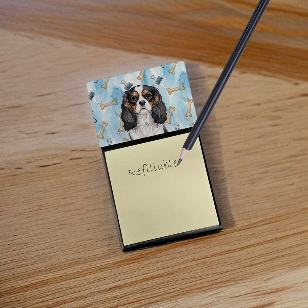 Tricolor Cavalier Spaniel Coworker Watercolor Sticky Note Holder Refillable Dispenser Desk Accessory 3x3 Pad Gift