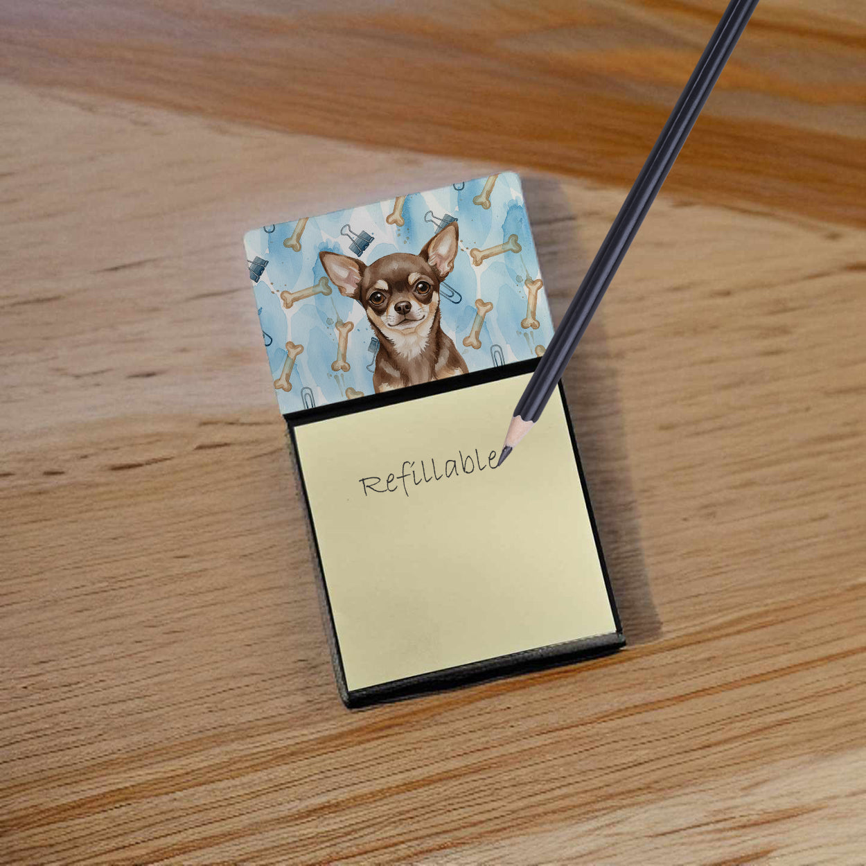 Chocolate Chihuahua Coworker Watercolor Sticky Note Holder Refillable Dispenser Desk Accessory 3x3 Pad Gift