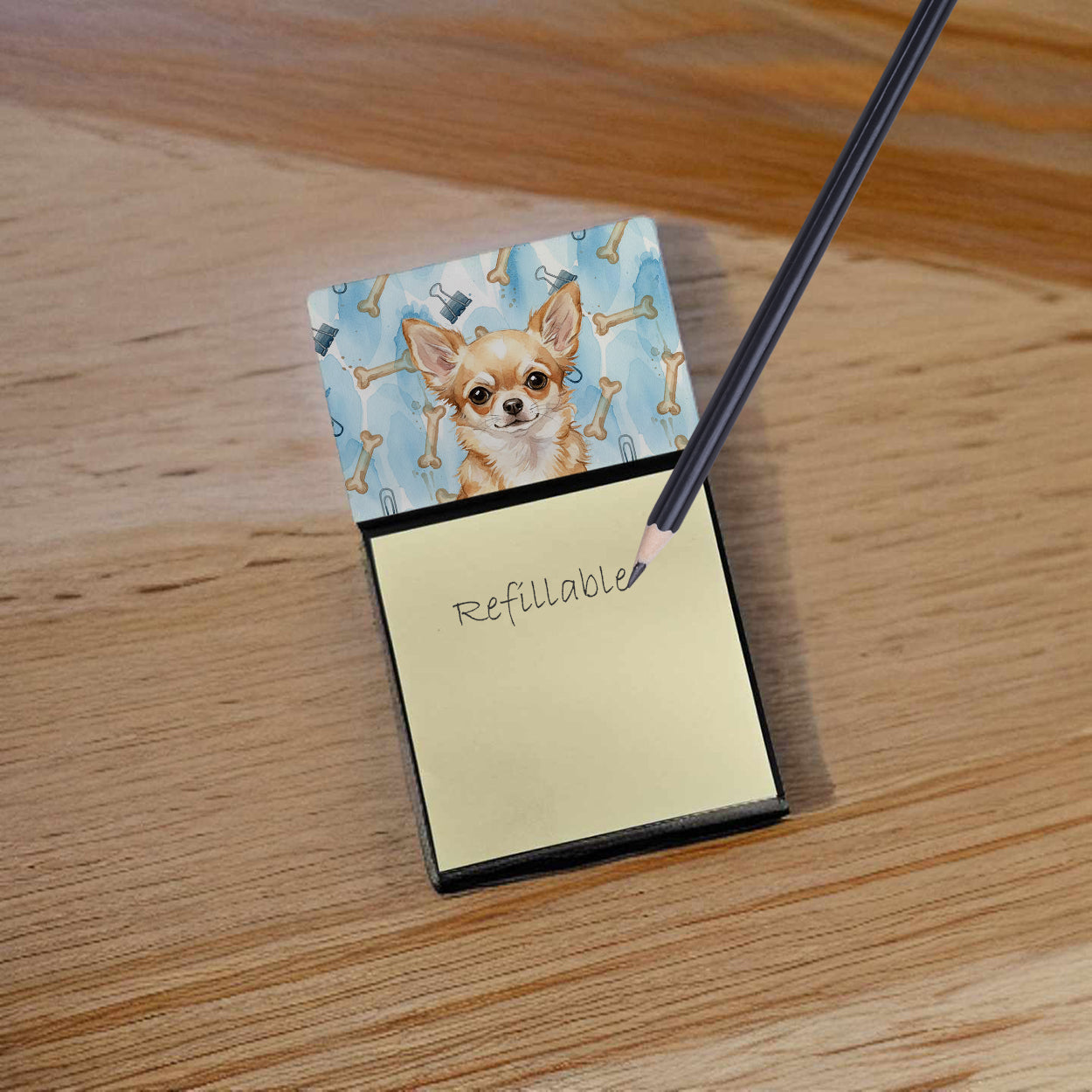 Fawn Chihuahua Coworker Watercolor Sticky Note Holder Refillable Dispenser Desk Accessory 3x3 Pad Gift