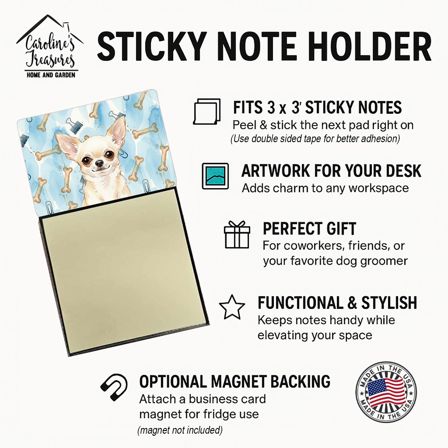 Cream Chihuahua Coworker Watercolor Sticky Note Holder Refillable Dispenser Desk Accessory 3x3 Pad Gift