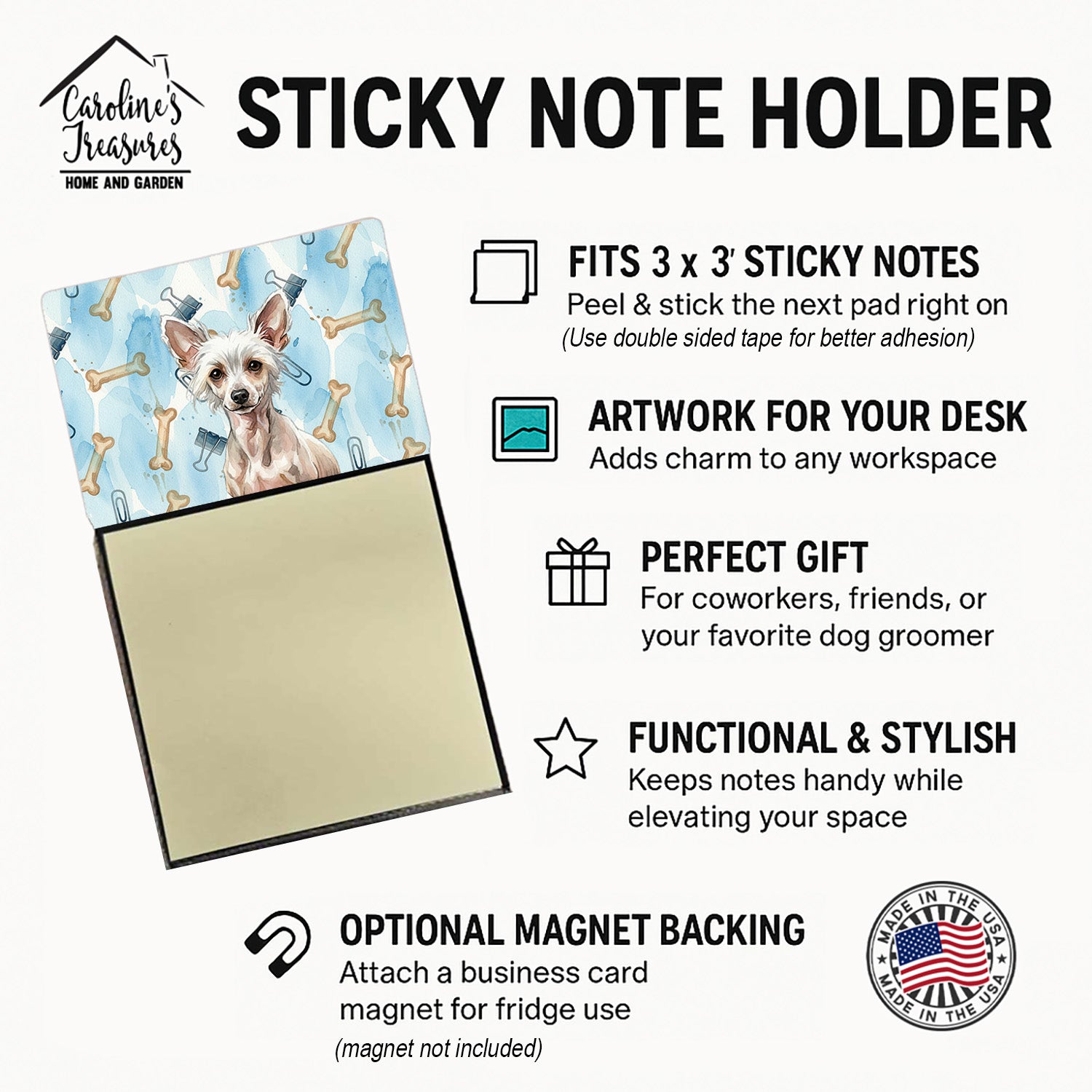 Hairless Chinese Crested Coworker Watercolor Sticky Note Holder Refillable Dispenser Desk Accessory 3x3 Pad Gift