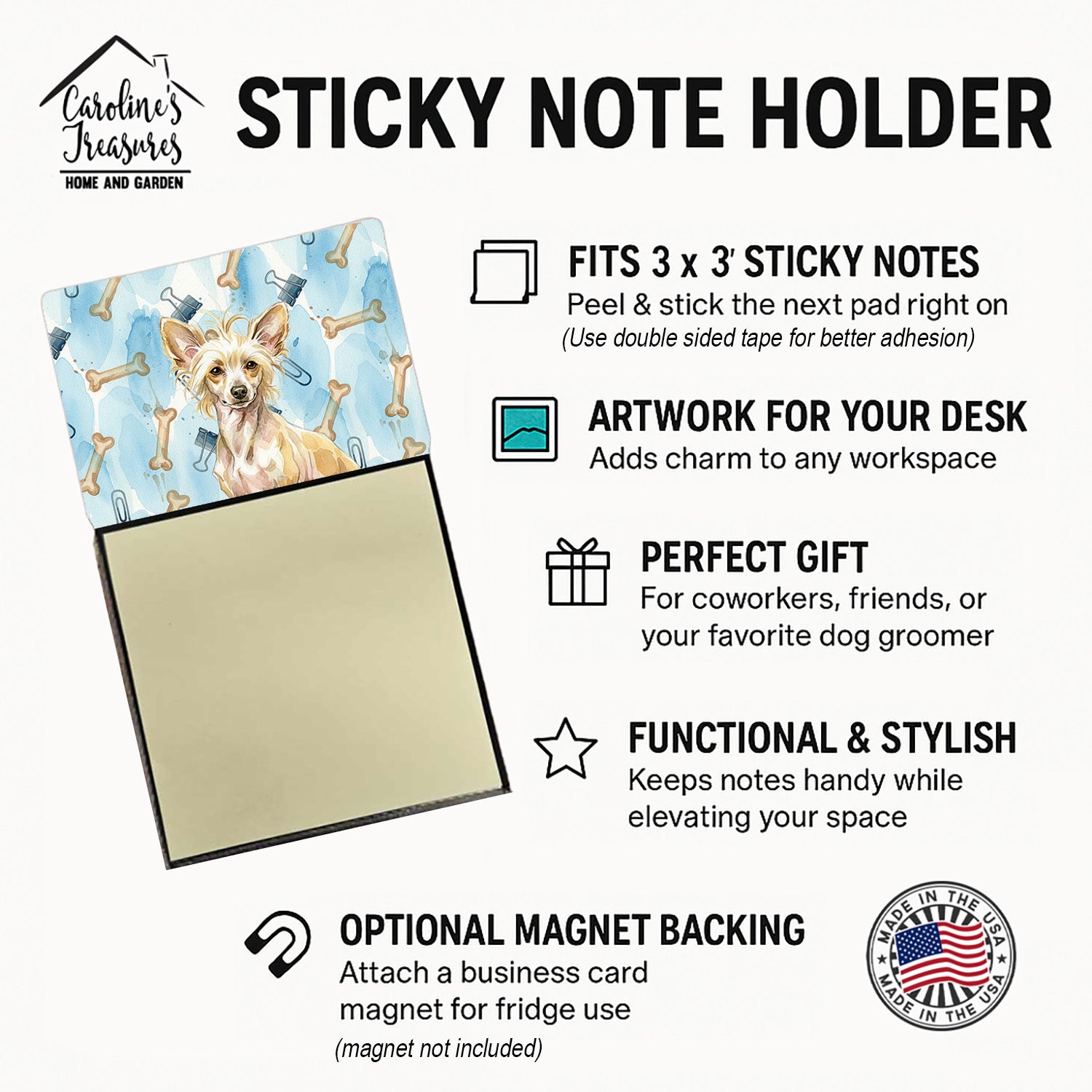 Hairless Palomino Chinese Crested Coworker Watercolor Sticky Note Holder Refillable Dispenser Desk Accessory 3x3 Pad Gift
