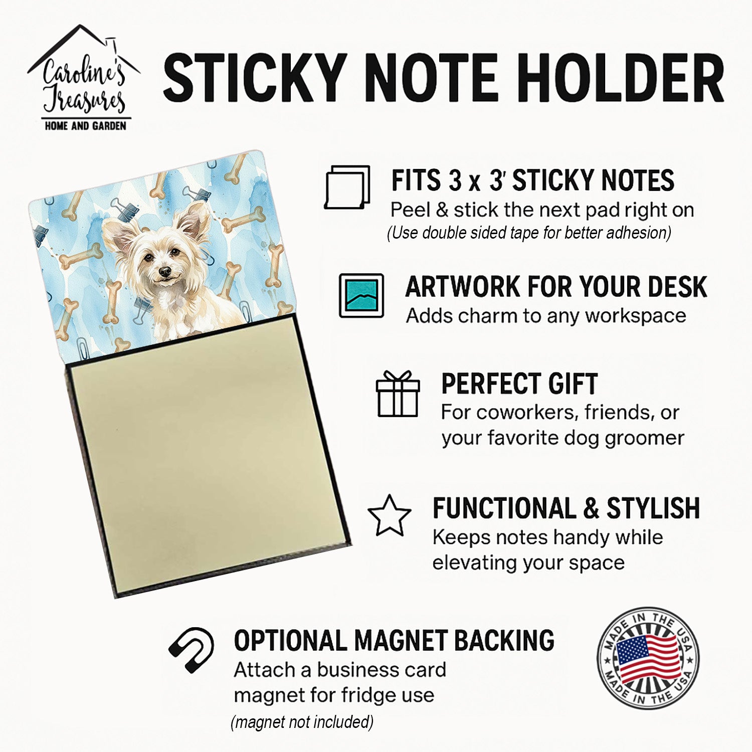 Powderpuff Chinese Crested Coworker Watercolor Sticky Note Holder Refillable Dispenser Desk Accessory 3x3 Pad Gift