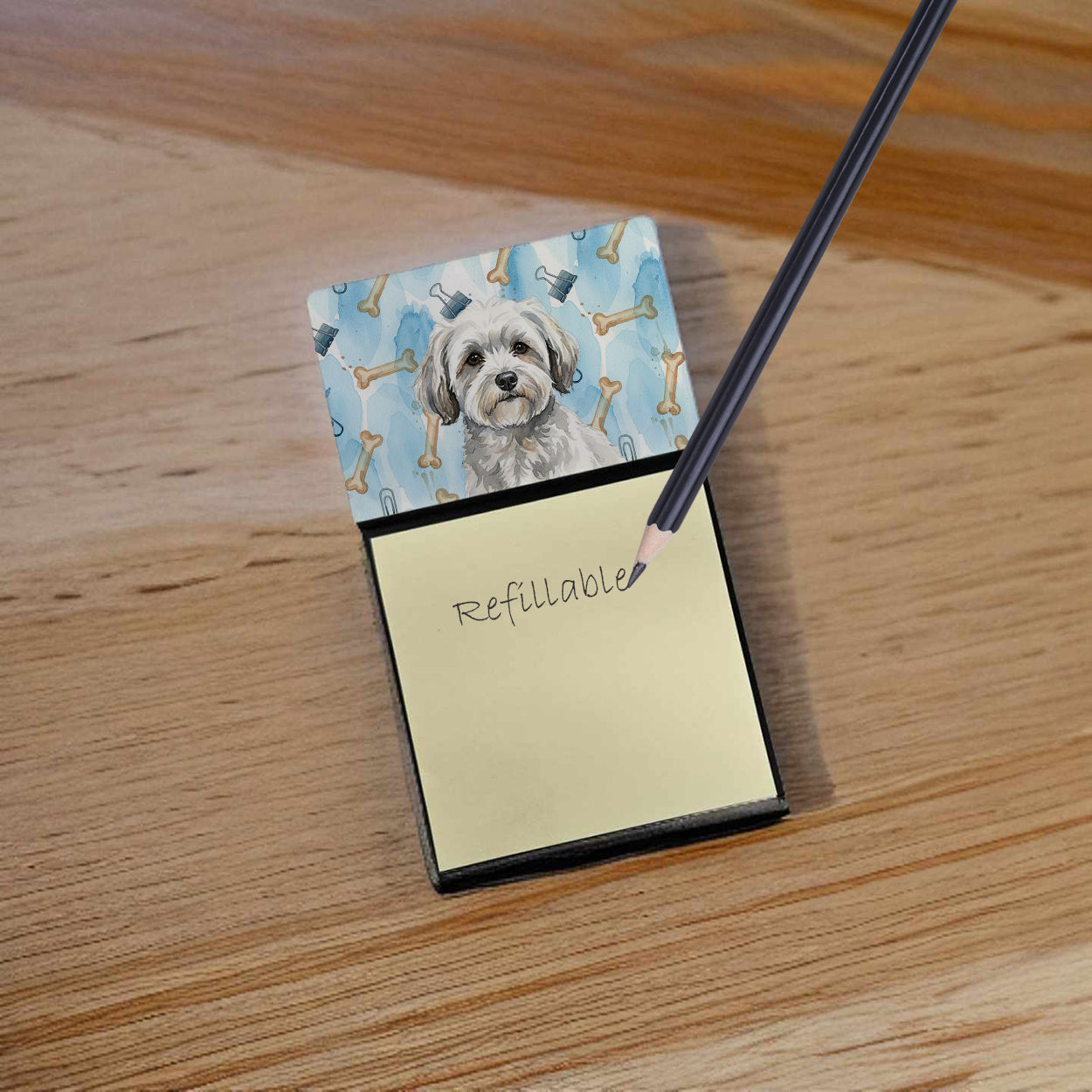 White with Gray Coton de Tulear Coworker Watercolor Sticky Note Holder Refillable Dispenser Desk Accessory 3x3 Pad Gift