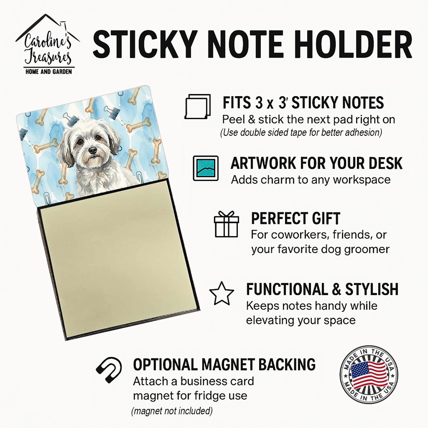 White with Gray Coton de Tulear Coworker Watercolor Sticky Note Holder Refillable Dispenser Desk Accessory 3x3 Pad Gift