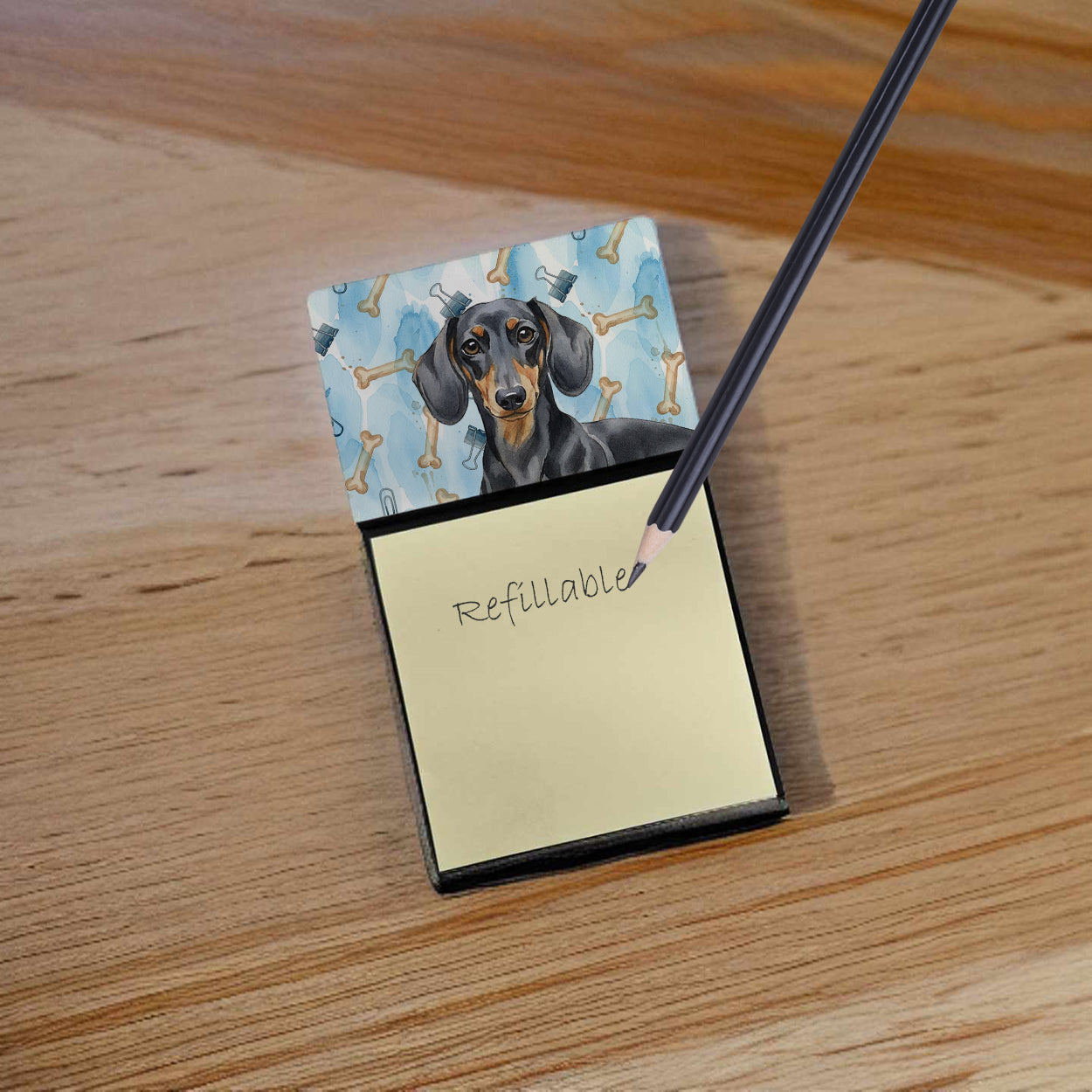 Black and Tan Dachshund Coworker Watercolor Sticky Note Holder Refillable Dispenser Desk Accessory 3x3 Pad Gift