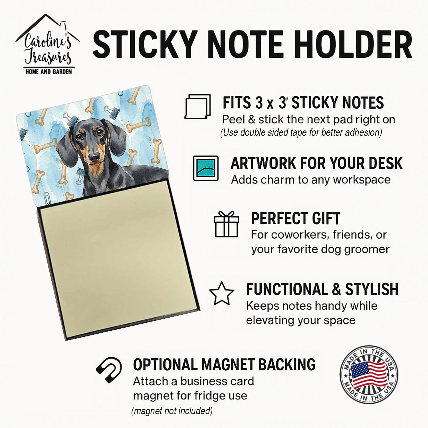 Black and Tan Dachshund Coworker Watercolor Sticky Note Holder Refillable Dispenser Desk Accessory 3x3 Pad Gift