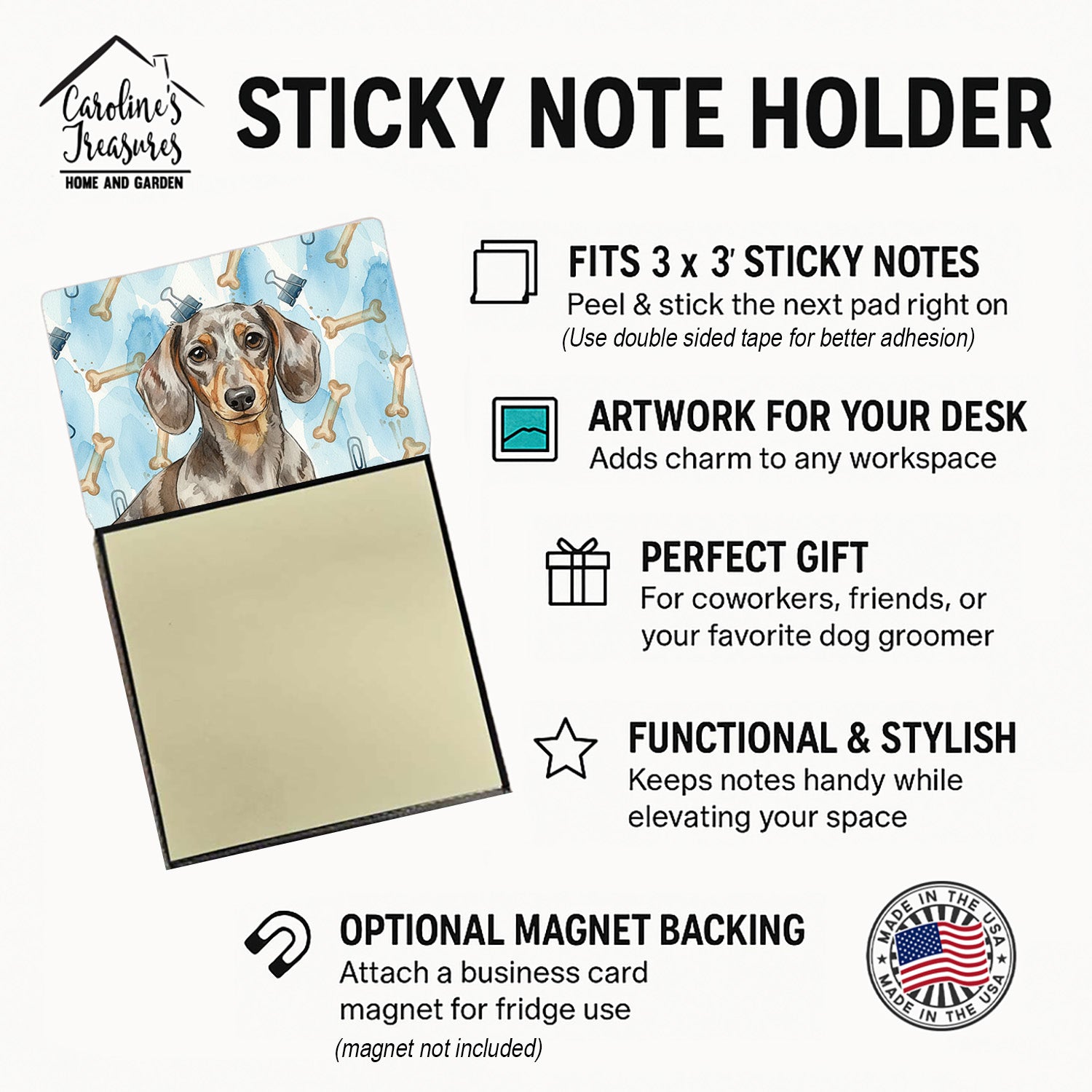 Dapple Dachshund Coworker Watercolor Sticky Note Holder Refillable Dispenser Desk Accessory 3x3 Pad Gift