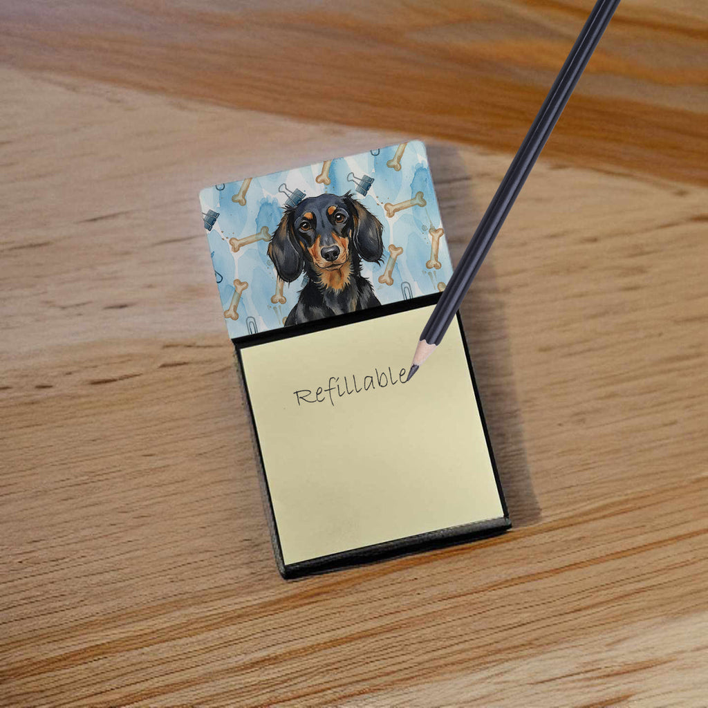 Longhaired Black and Tan Dachshund Coworker Watercolor Sticky Note Holder Refillable Dispenser Desk Accessory 3x3 Pad Gift