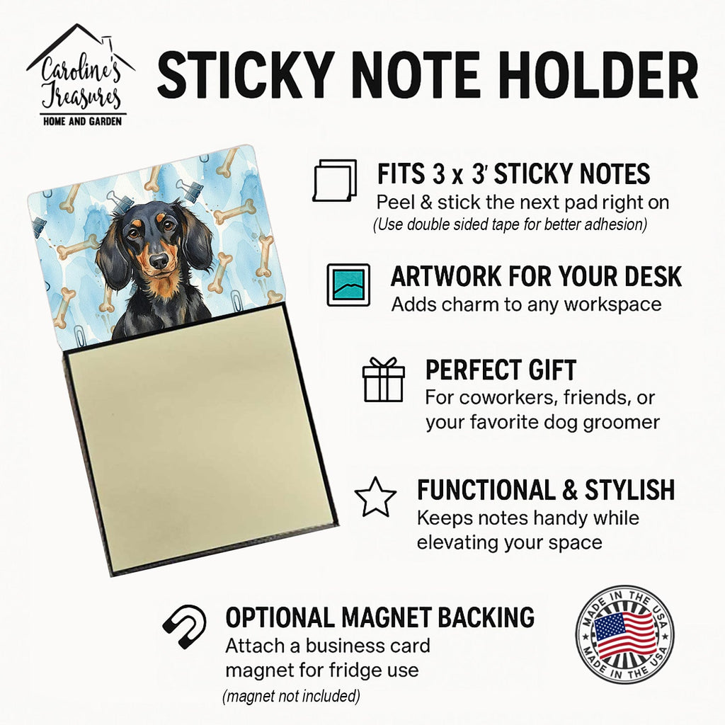 Longhaired Black and Tan Dachshund Coworker Watercolor Sticky Note Holder Refillable Dispenser Desk Accessory 3x3 Pad Gift
