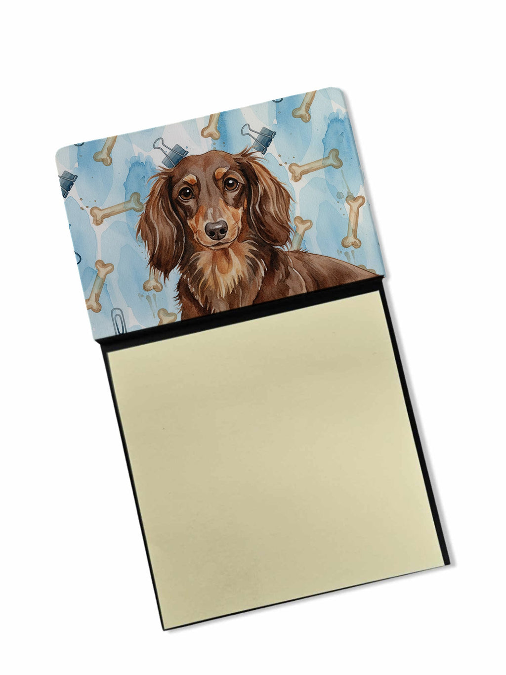 Longhaired Chocolate and Tan Dachshund Coworker Watercolor Sticky Note Holder Refillable Dispenser Desk Accessory 3x3 Pad Gift