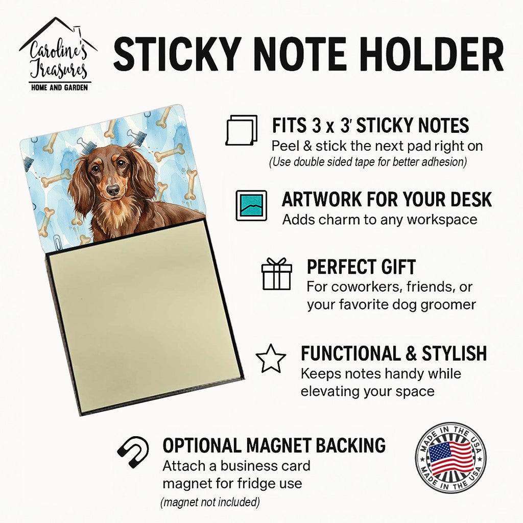 Longhaired Chocolate and Tan Dachshund Coworker Watercolor Sticky Note Holder Refillable Dispenser Desk Accessory 3x3 Pad Gift