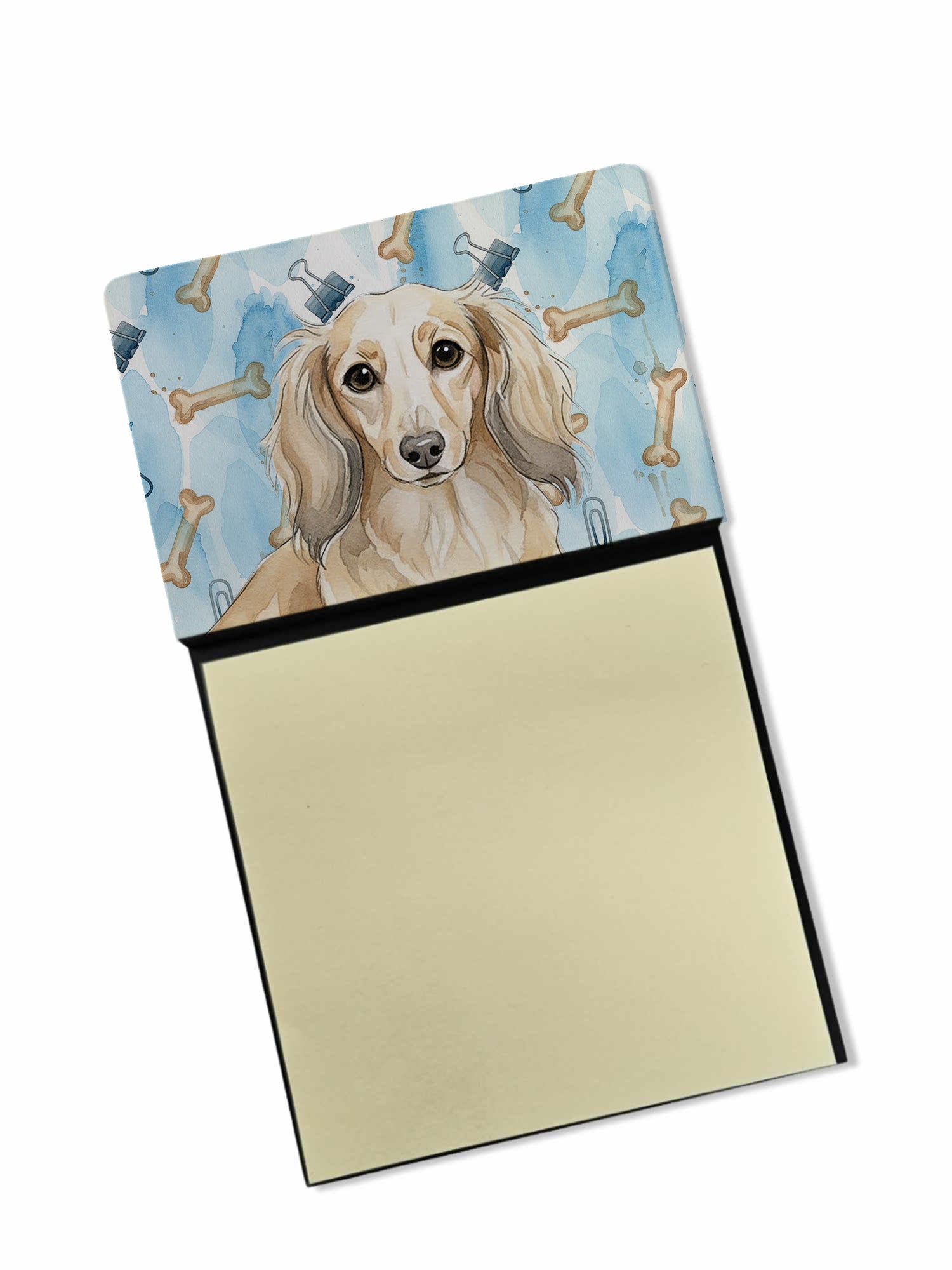 Longhaired Cream Dachshund Coworker Watercolor Sticky Note Holder Refillable Dispenser Desk Accessory 3x3 Pad Gift
