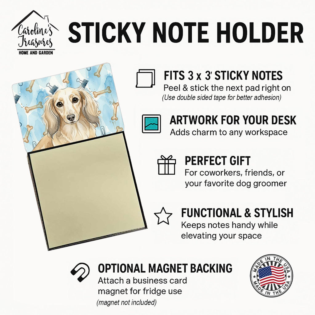 Longhaired Cream Dachshund Coworker Watercolor Sticky Note Holder Refillable Dispenser Desk Accessory 3x3 Pad Gift