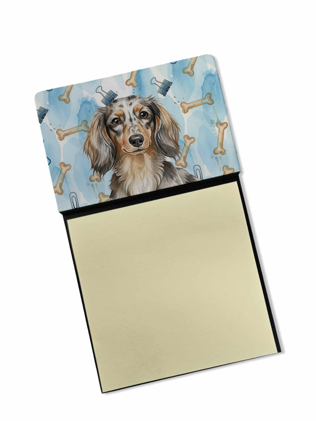 Longhaired Dapple Dachshund Coworker Watercolor Sticky Note Holder Refillable Dispenser Desk Accessory 3x3 Pad Gift