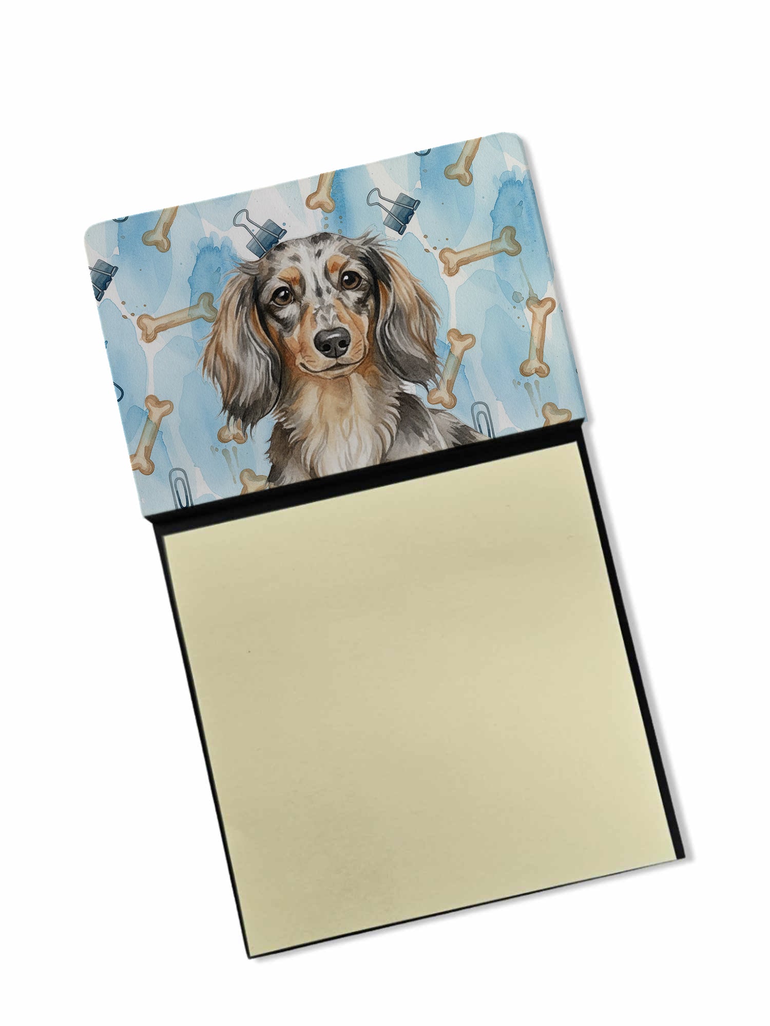 Longhaired Dapple Dachshund Coworker Watercolor Sticky Note Holder Refillable Dispenser Desk Accessory 3x3 Pad Gift
