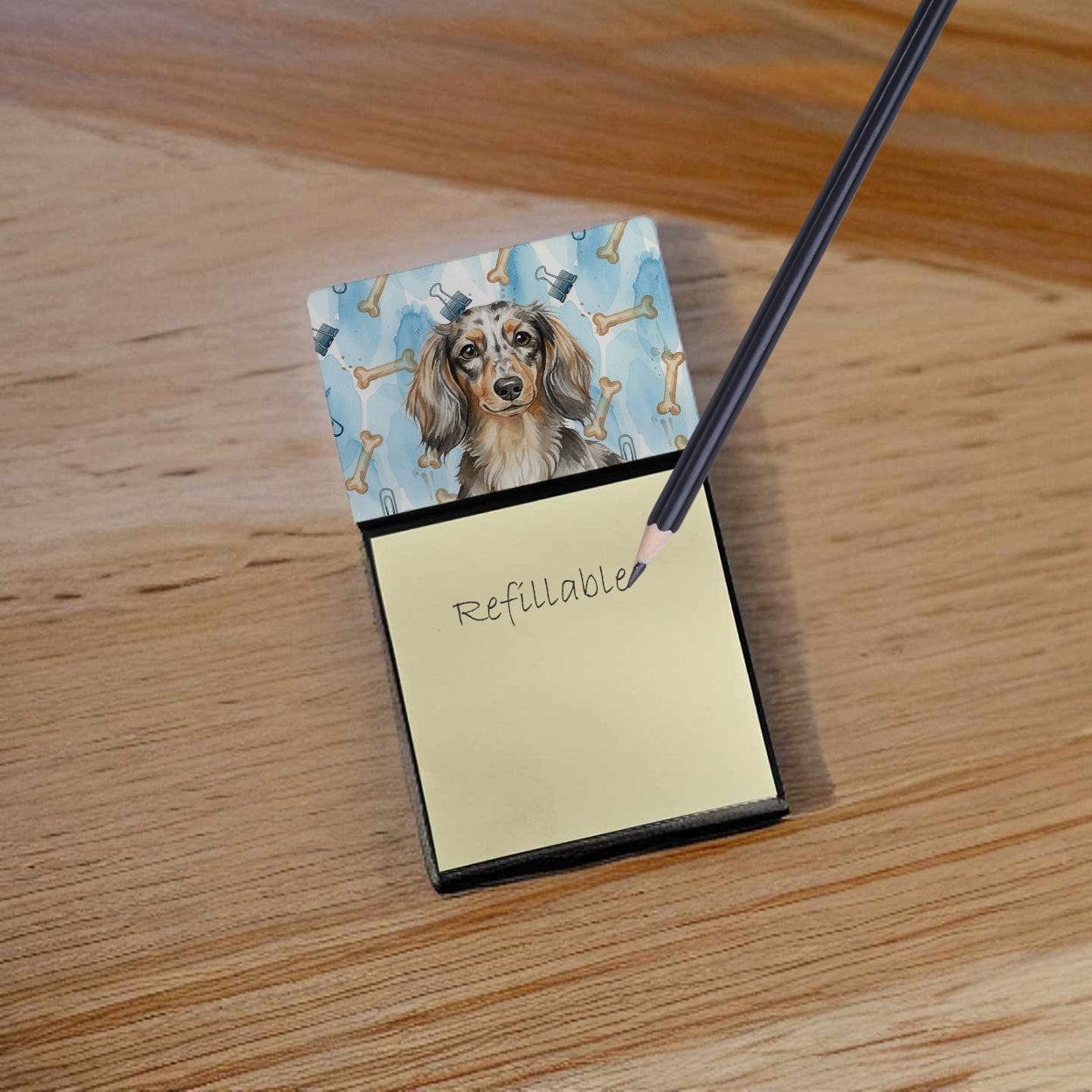 Longhaired Dapple Dachshund Coworker Watercolor Sticky Note Holder Refillable Dispenser Desk Accessory 3x3 Pad Gift