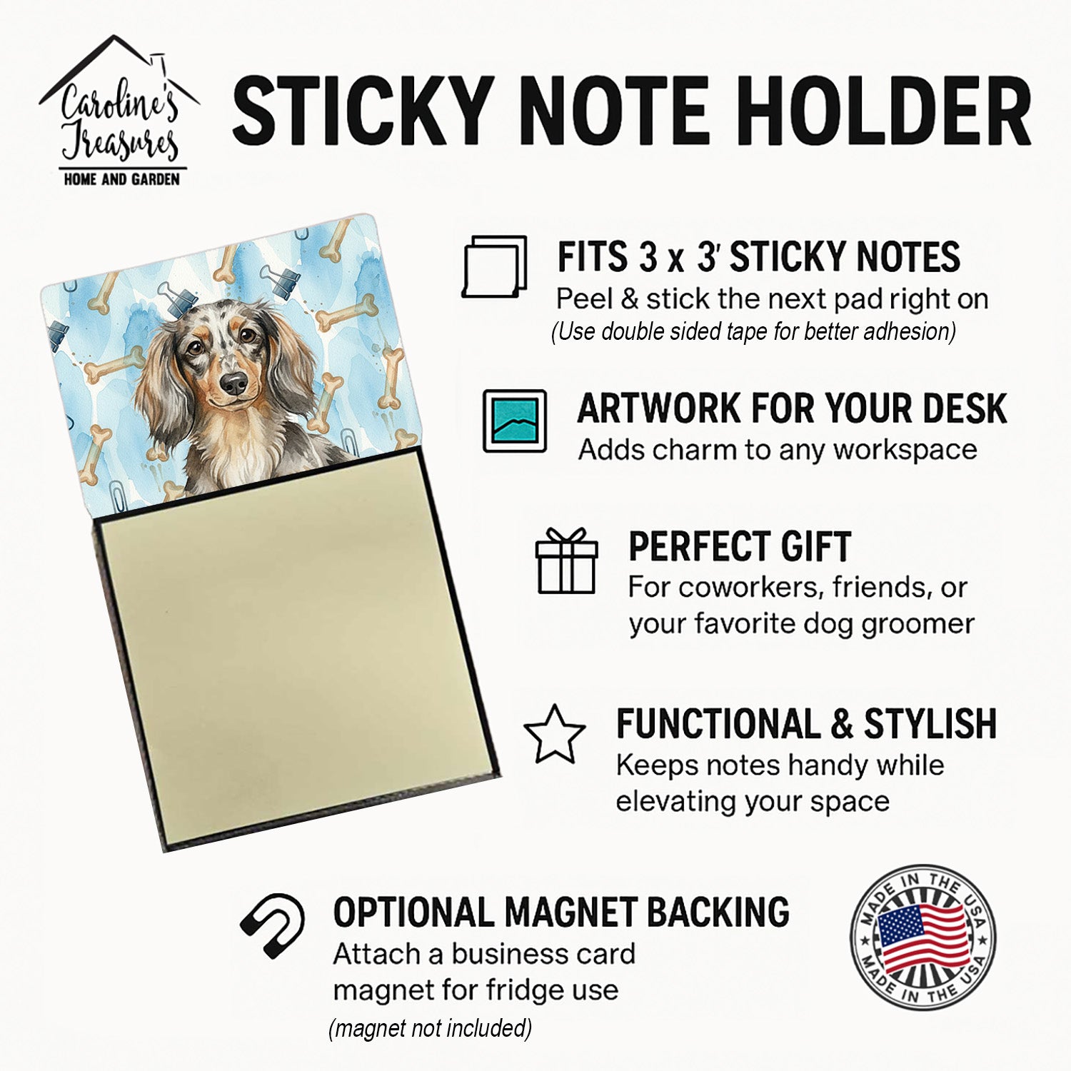 Longhaired Dapple Dachshund Coworker Watercolor Sticky Note Holder Refillable Dispenser Desk Accessory 3x3 Pad Gift