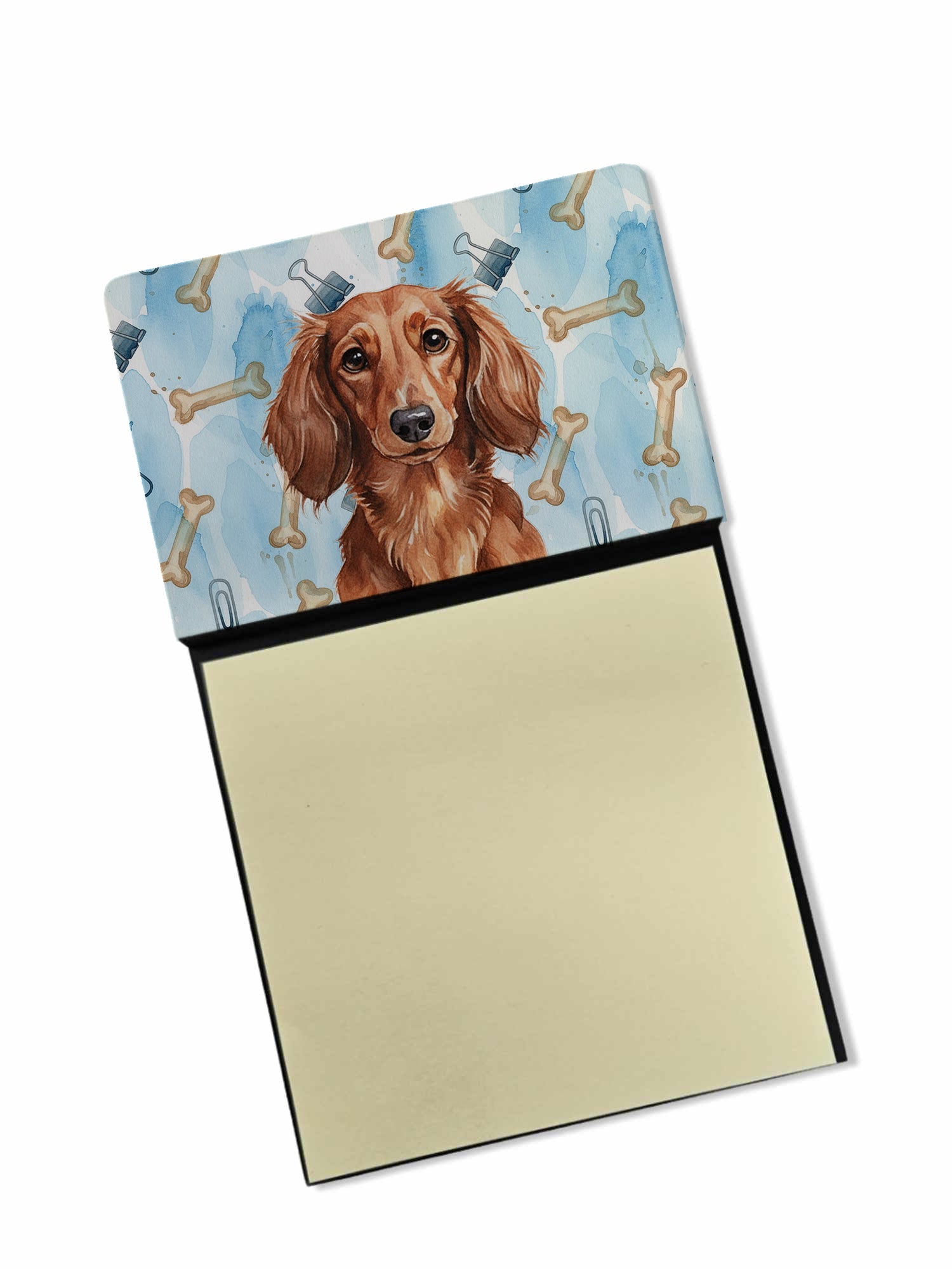 Longhaired Red Dachshund Coworker Watercolor Sticky Note Holder Refillable Dispenser Desk Accessory 3x3 Pad Gift