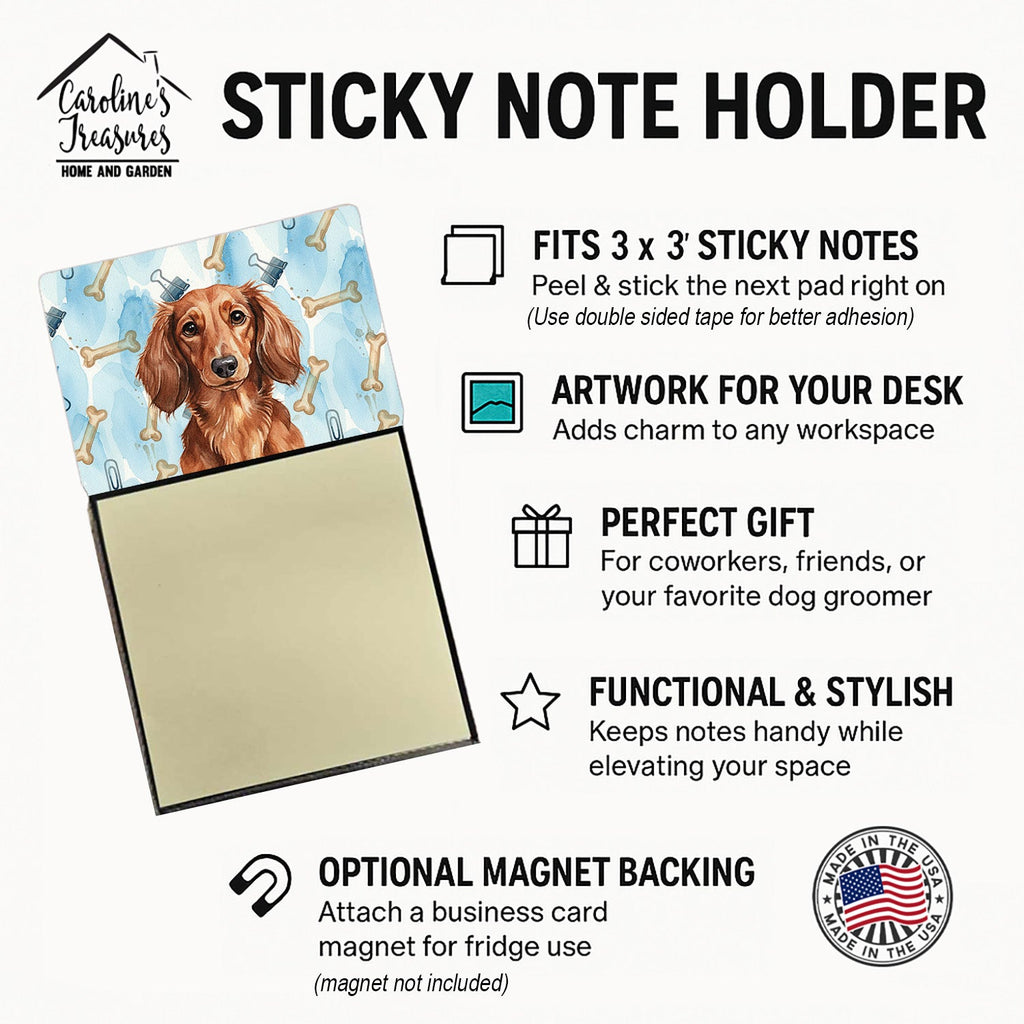 Longhaired Red Dachshund Coworker Watercolor Sticky Note Holder Refillable Dispenser Desk Accessory 3x3 Pad Gift