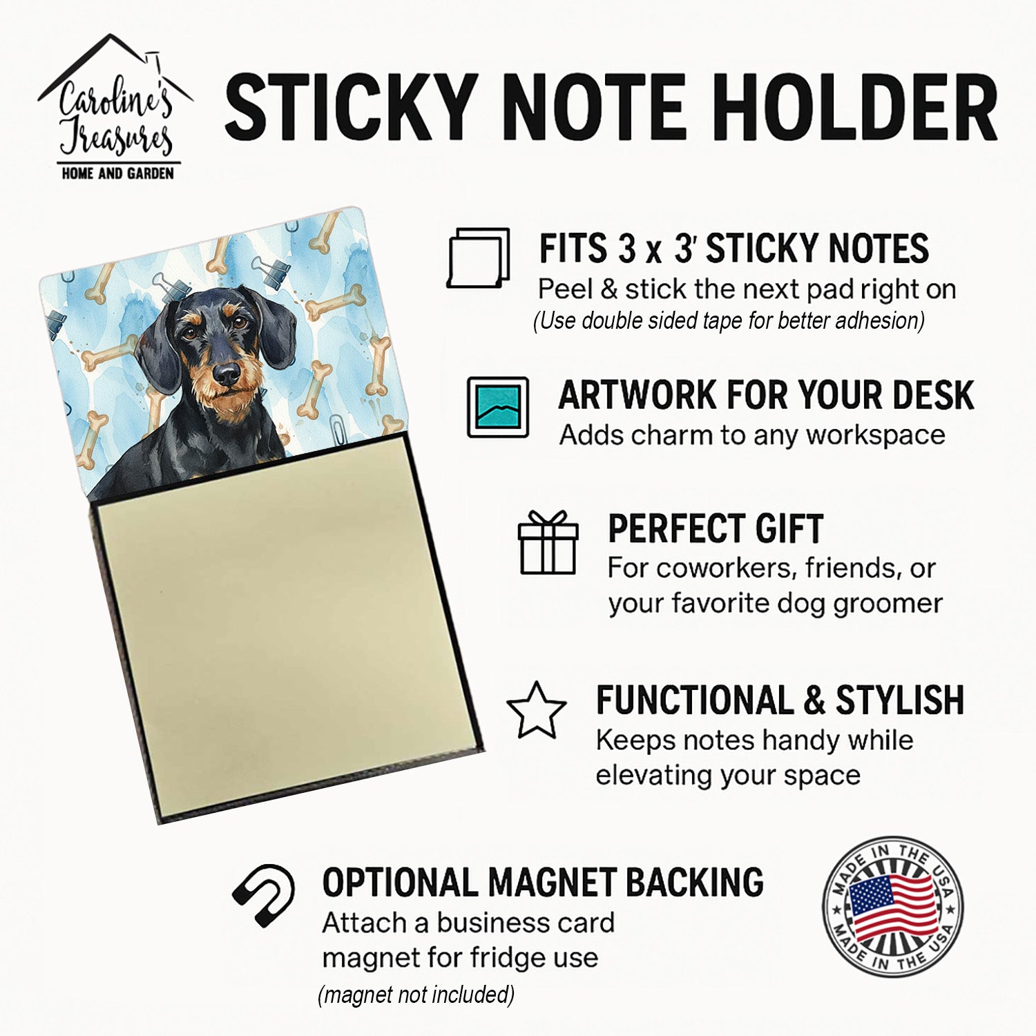 Wirehaired Black and Tan Dachshund Coworker Watercolor Sticky Note Holder Refillable Dispenser Desk Accessory 3x3 Pad Gift