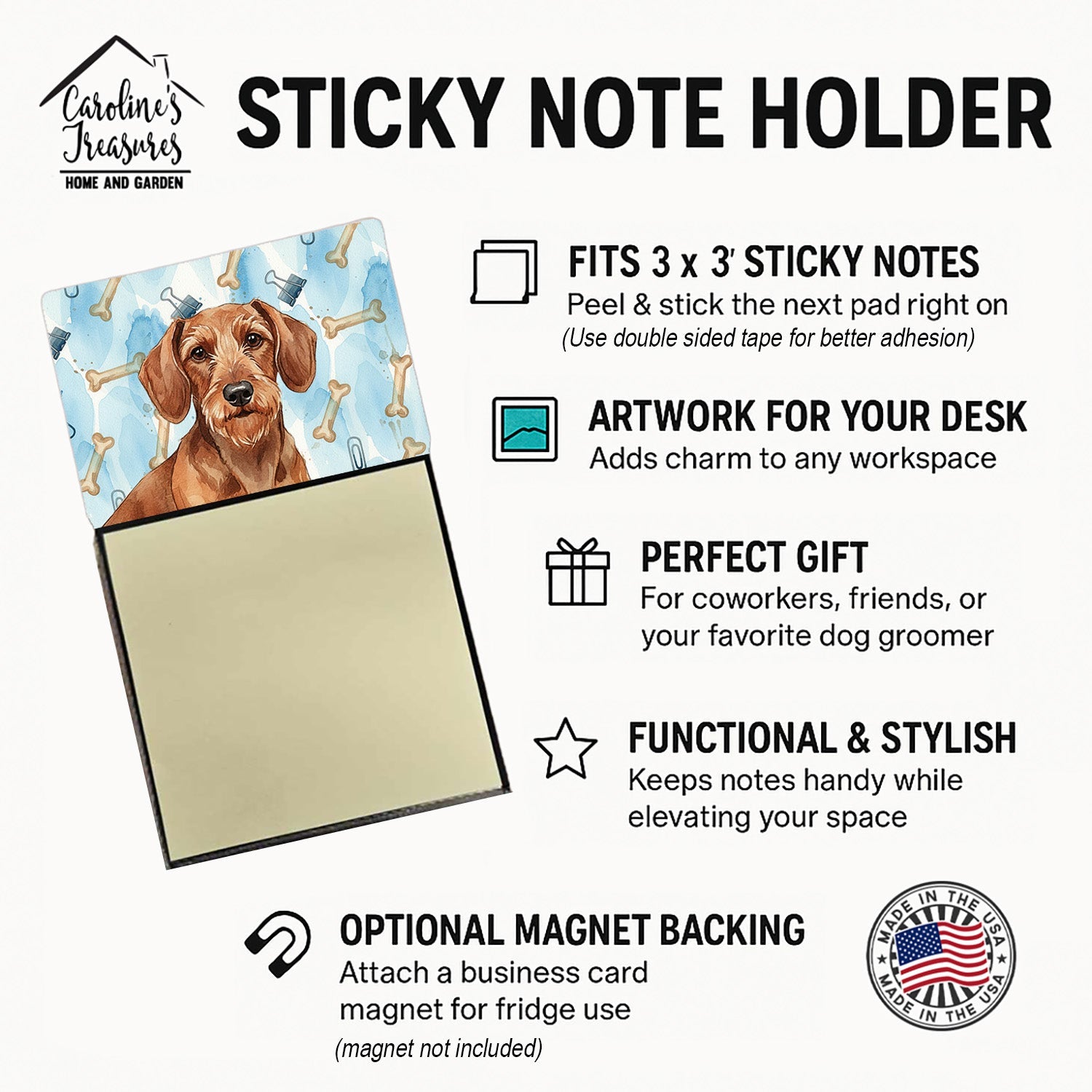 Wirehaired Red Dachshund Coworker Watercolor Sticky Note Holder Refillable Dispenser Desk Accessory 3x3 Pad Gift