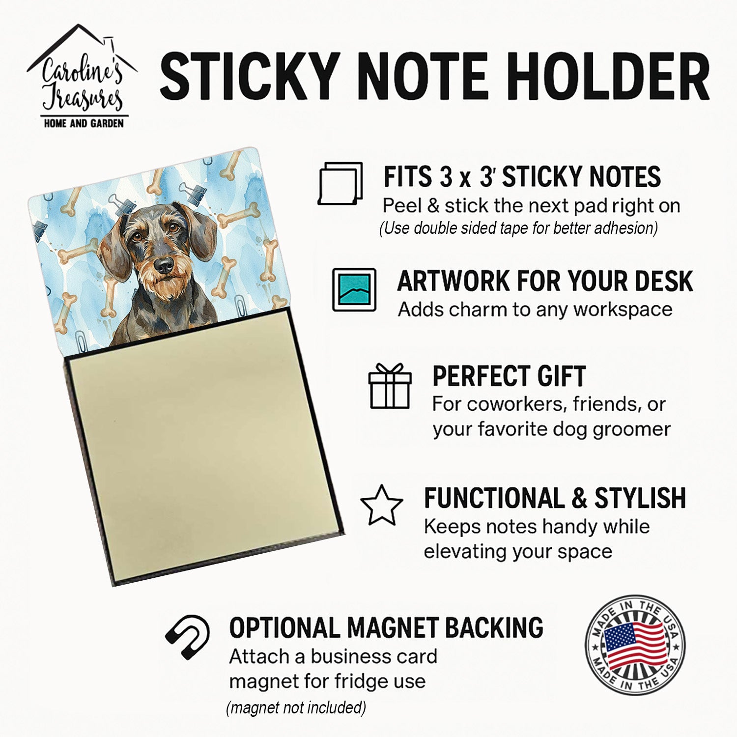 Wirehaired Wild Boar Dachshund Coworker Watercolor Sticky Note Holder Refillable Dispenser Desk Accessory 3x3 Pad Gift