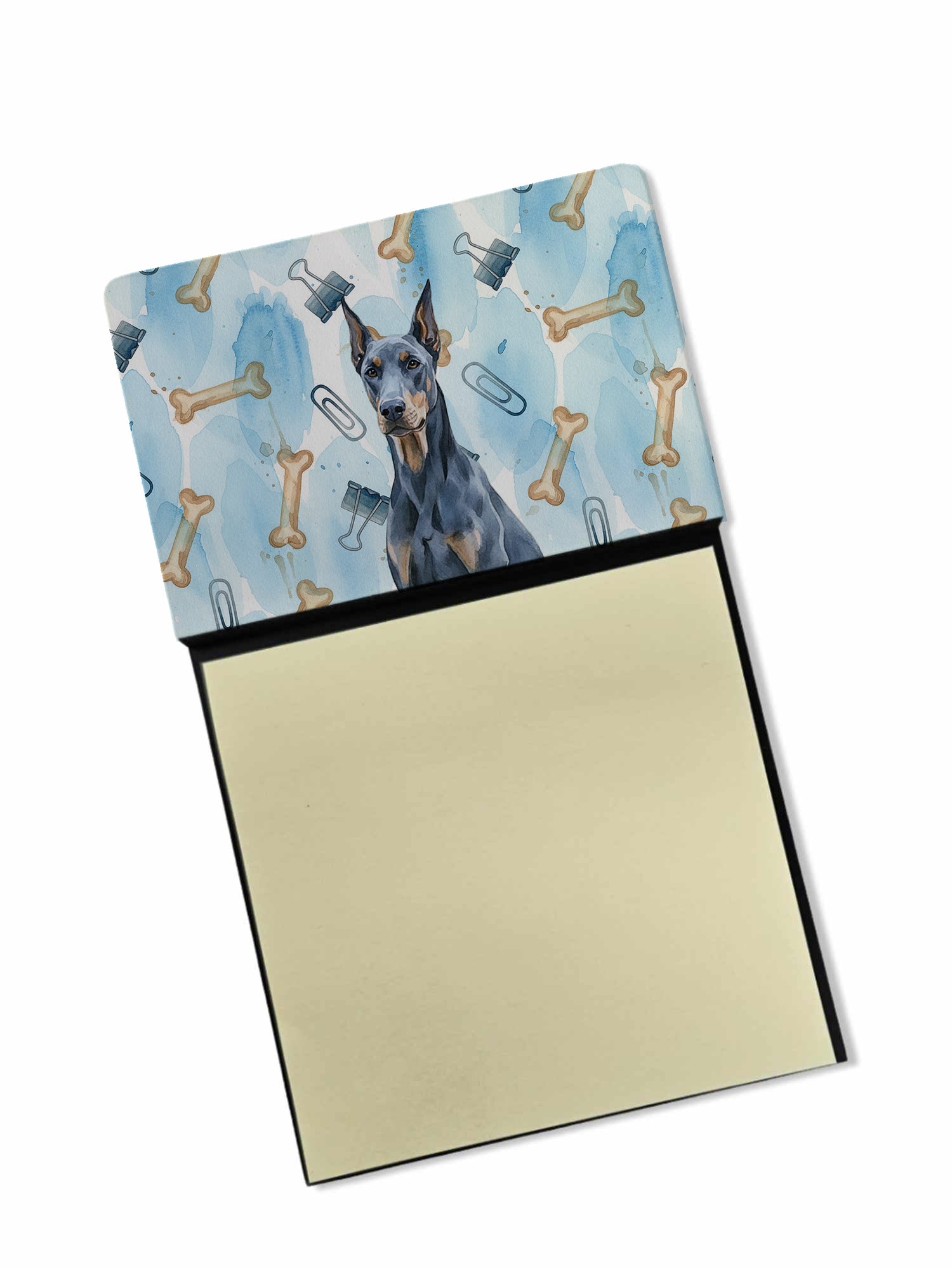 Blue Doberman Pinscher Coworker Watercolor Sticky Note Holder Refillable Dispenser Desk Accessory 3x3 Pad Gift