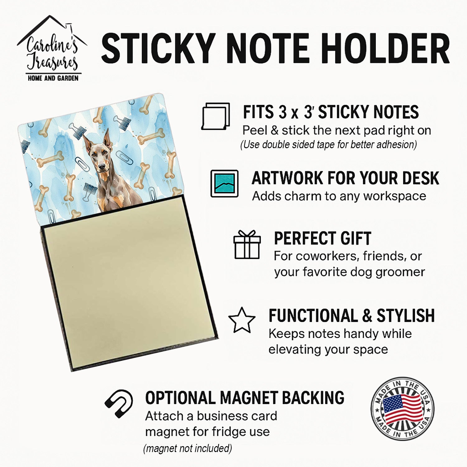 Fawn Doberman Pinscher Coworker Watercolor Sticky Note Holder Refillable Dispenser Desk Accessory 3x3 Pad Gift