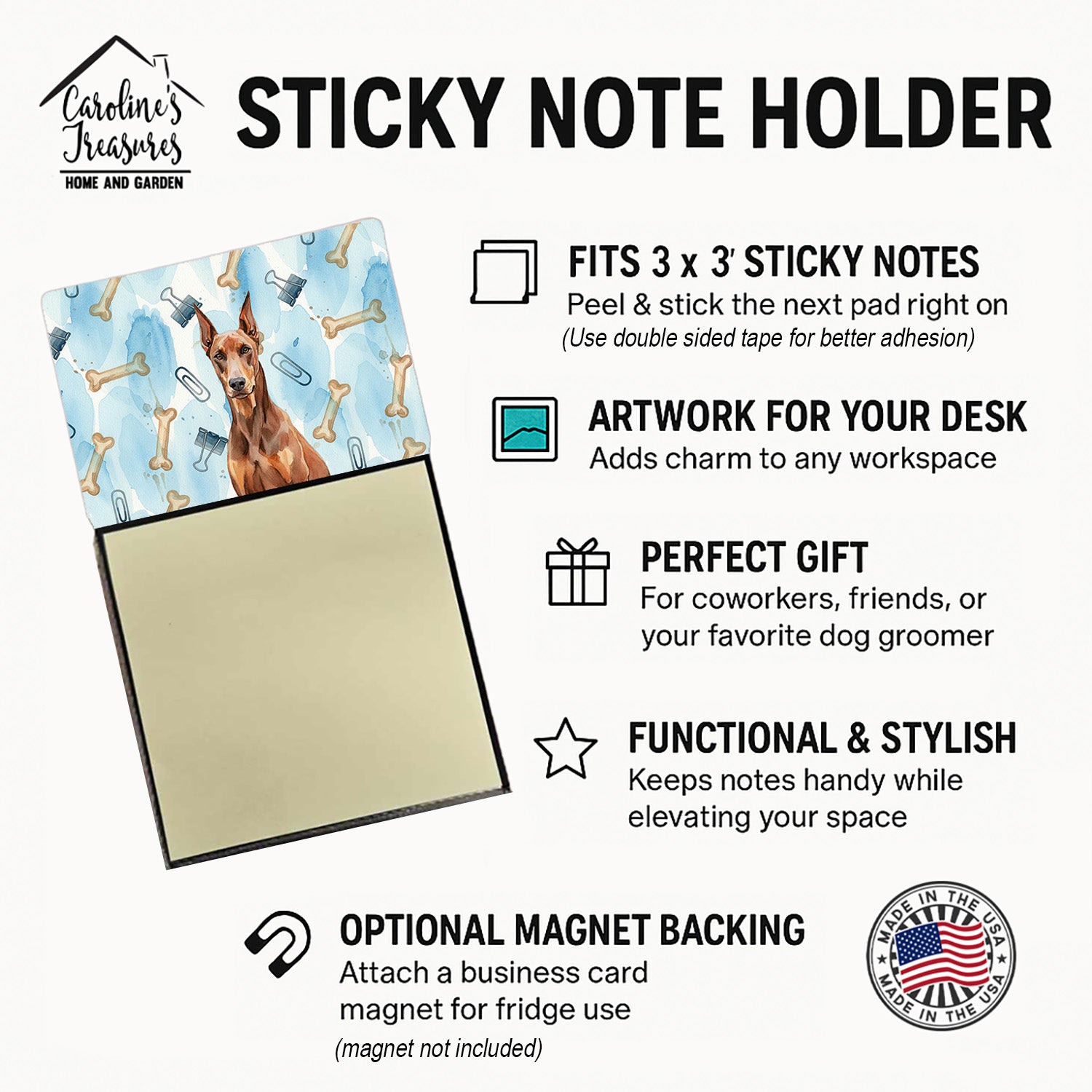 Red Doberman Pinscher Coworker Watercolor Sticky Note Holder Refillable Dispenser Desk Accessory 3x3 Pad Gift