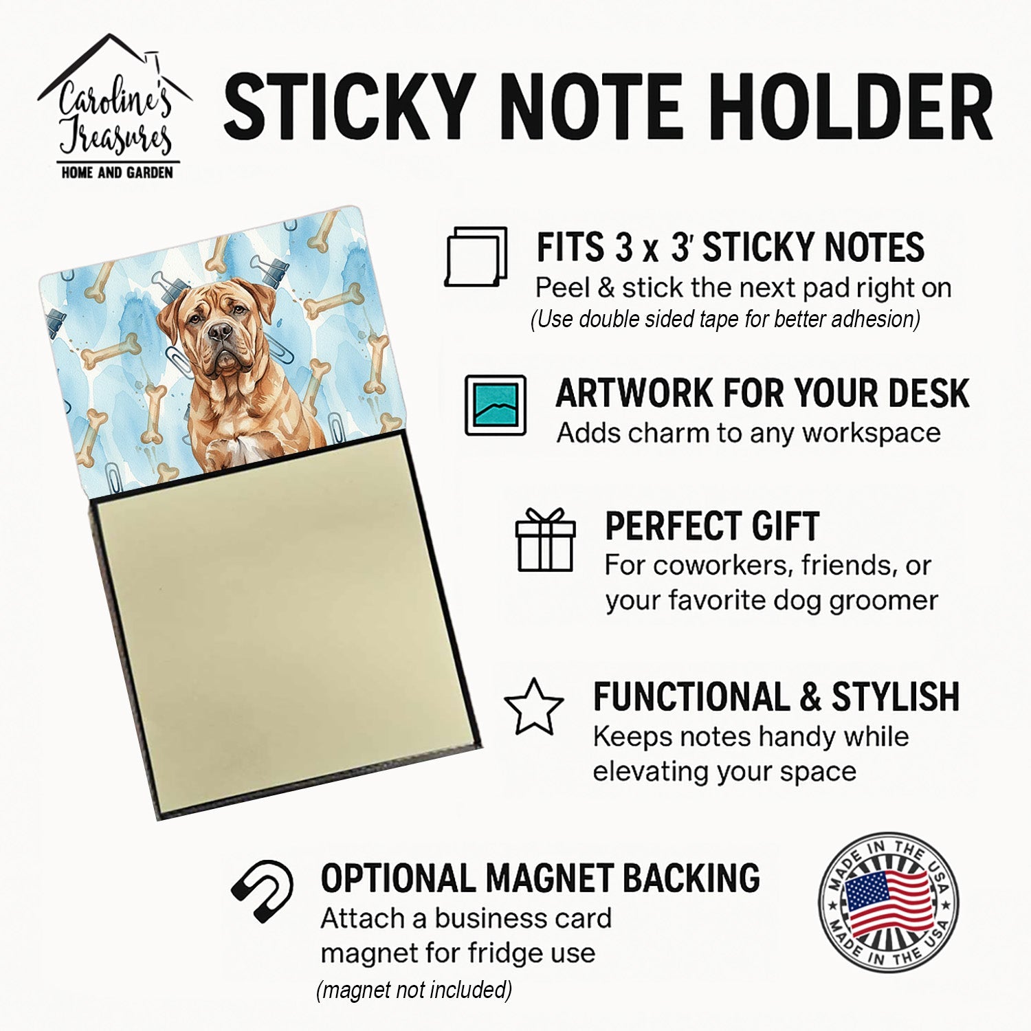 Dogue de Bordeaux Coworker Watercolor Sticky Note Holder Refillable Dispenser Desk Accessory 3x3 Pad Gift