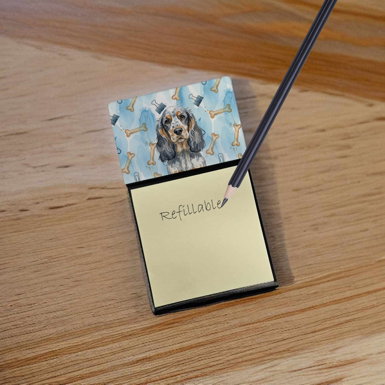 Blue Roan & Tan English Cocker Spaniel Coworker Watercolor Sticky Note Holder Refillable Dispenser Desk Accessory 3x3 Pad Gift