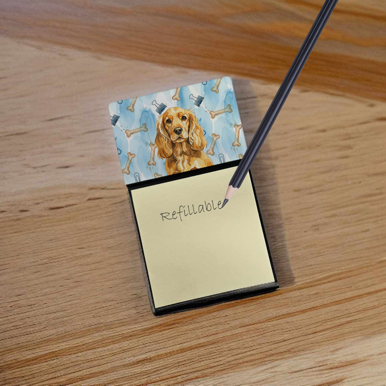 Golden English Cocker Spaniel Coworker Watercolor Sticky Note Holder Refillable Dispenser Desk Accessory 3x3 Pad Gift
