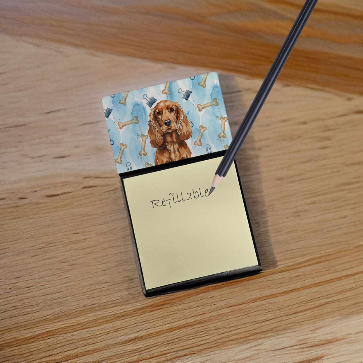 Red English Cocker Spaniel Coworker Watercolor Sticky Note Holder Refillable Dispenser Desk Accessory 3x3 Pad Gift