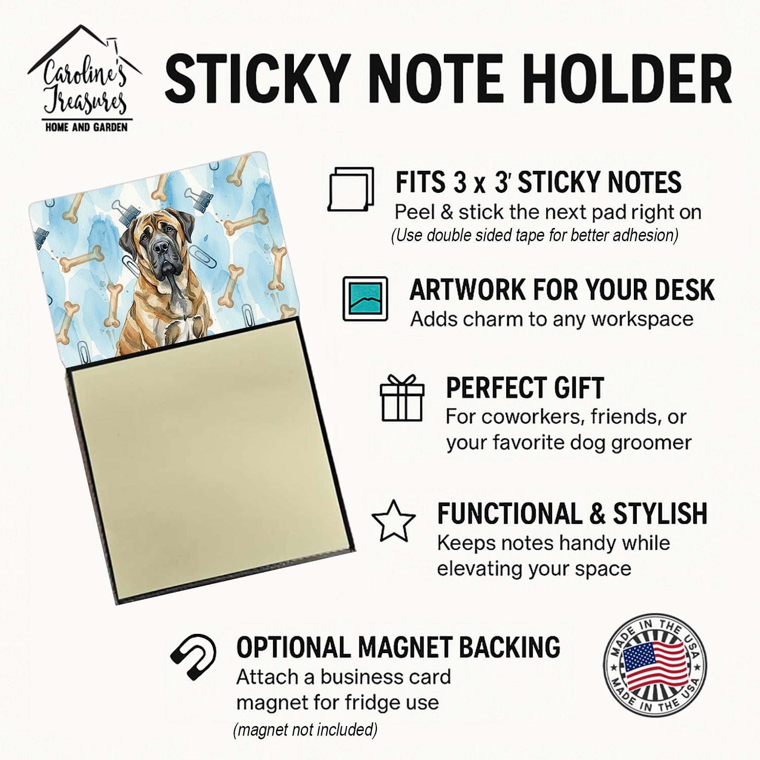 Brindle English Mastiff Coworker Watercolor Sticky Note Holder Refillable Dispenser Desk Accessory 3x3 Pad Gift