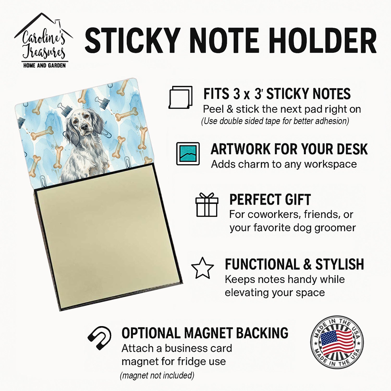 Blue Belton English Setter Coworker Watercolor Sticky Note Holder Refillable Dispenser Desk Accessory 3x3 Pad Gift