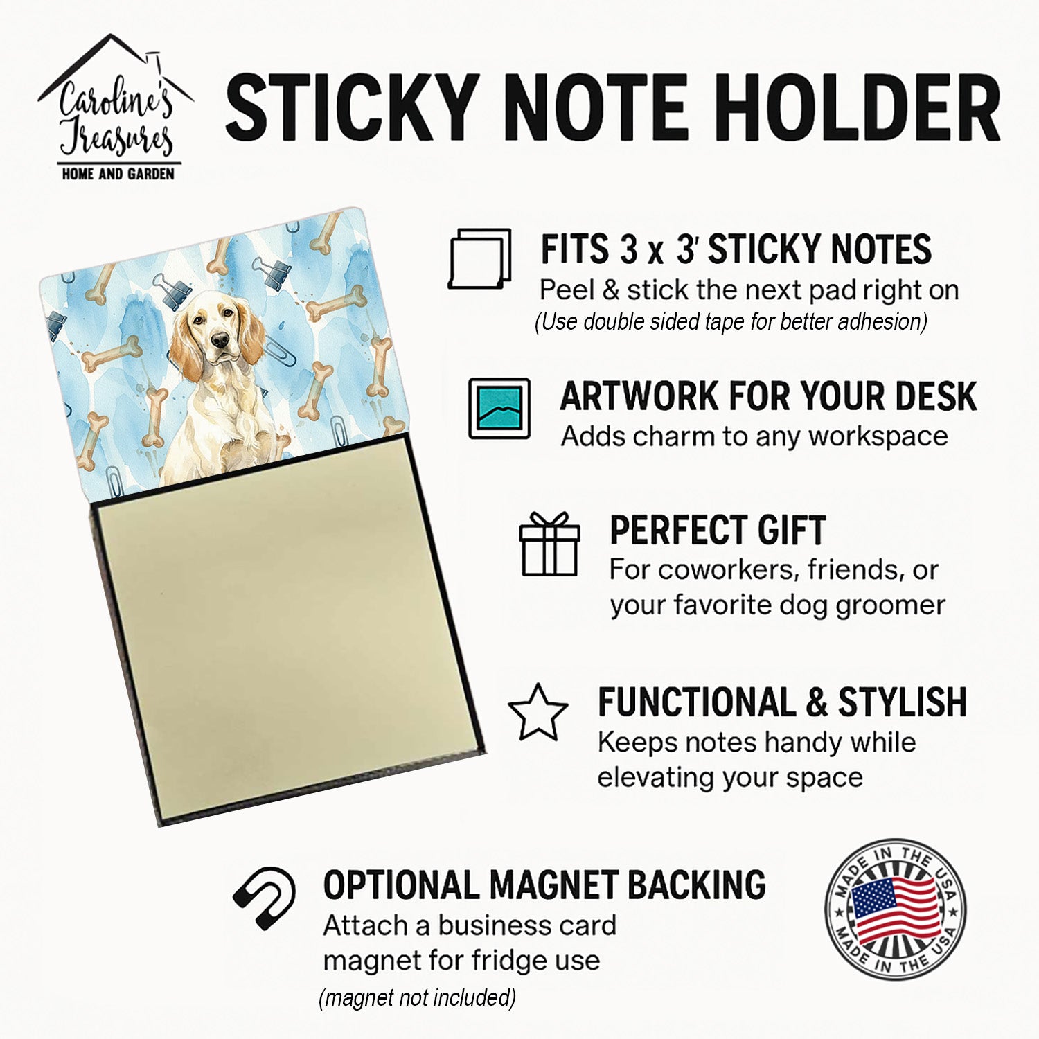 Lemon Belton English Setter Coworker Watercolor Sticky Note Holder Refillable Dispenser Desk Accessory 3x3 Pad Gift