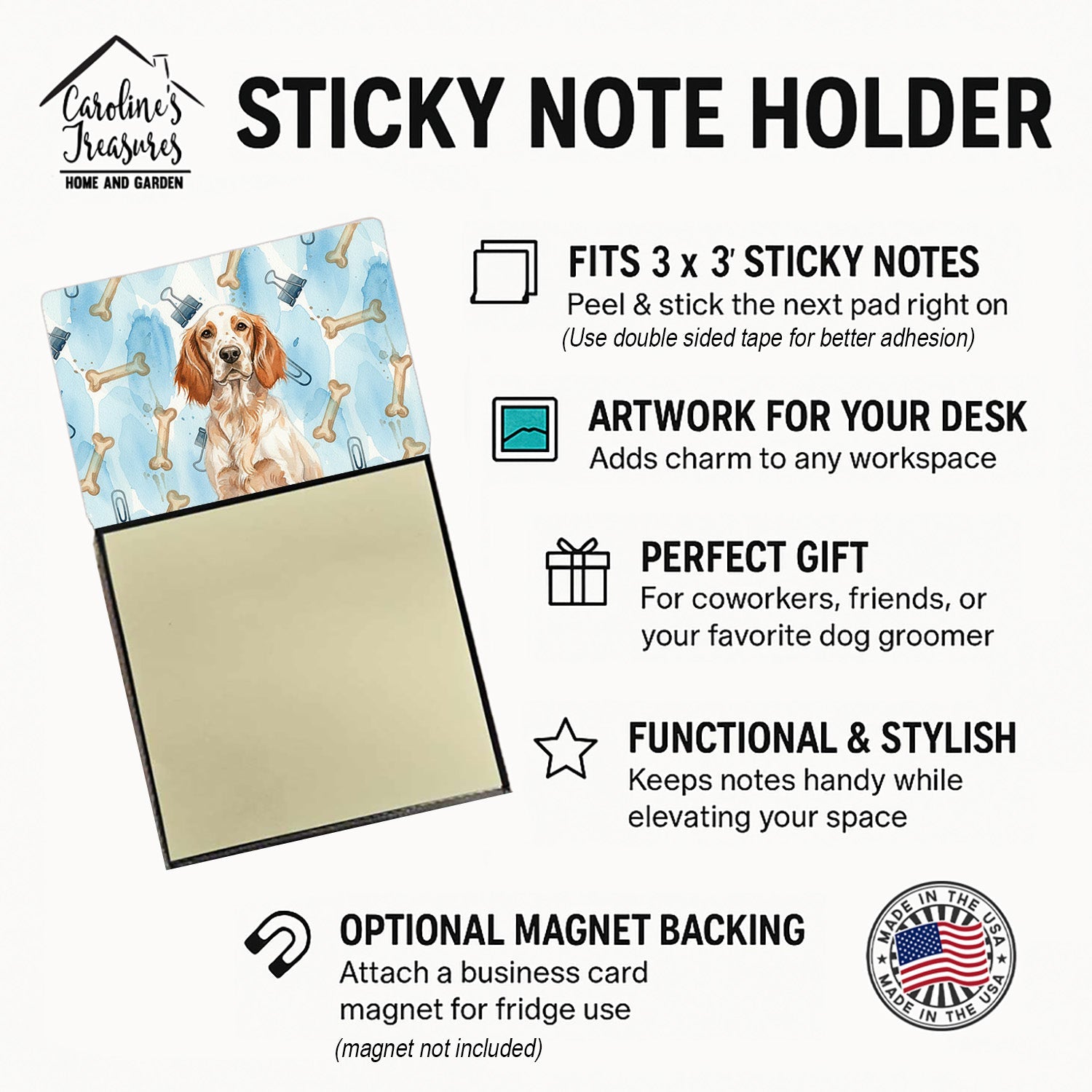 Orange Belton English Setter Coworker Watercolor Sticky Note Holder Refillable Dispenser Desk Accessory 3x3 Pad Gift