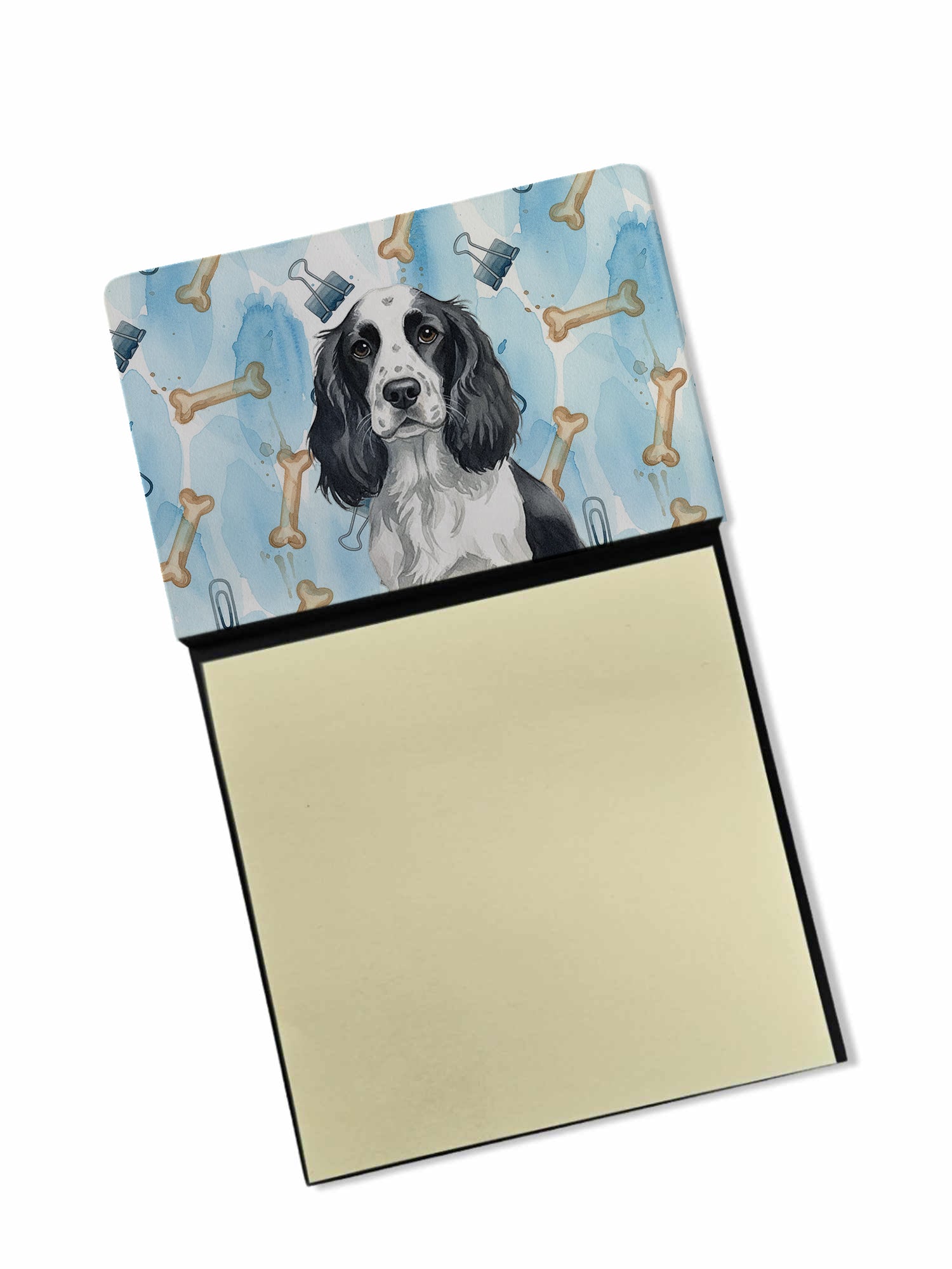 Black and White English Springer Spaniel Coworker Watercolor Sticky Note Holder Refillable Dispenser Desk Accessory 3x3 Pad Gift