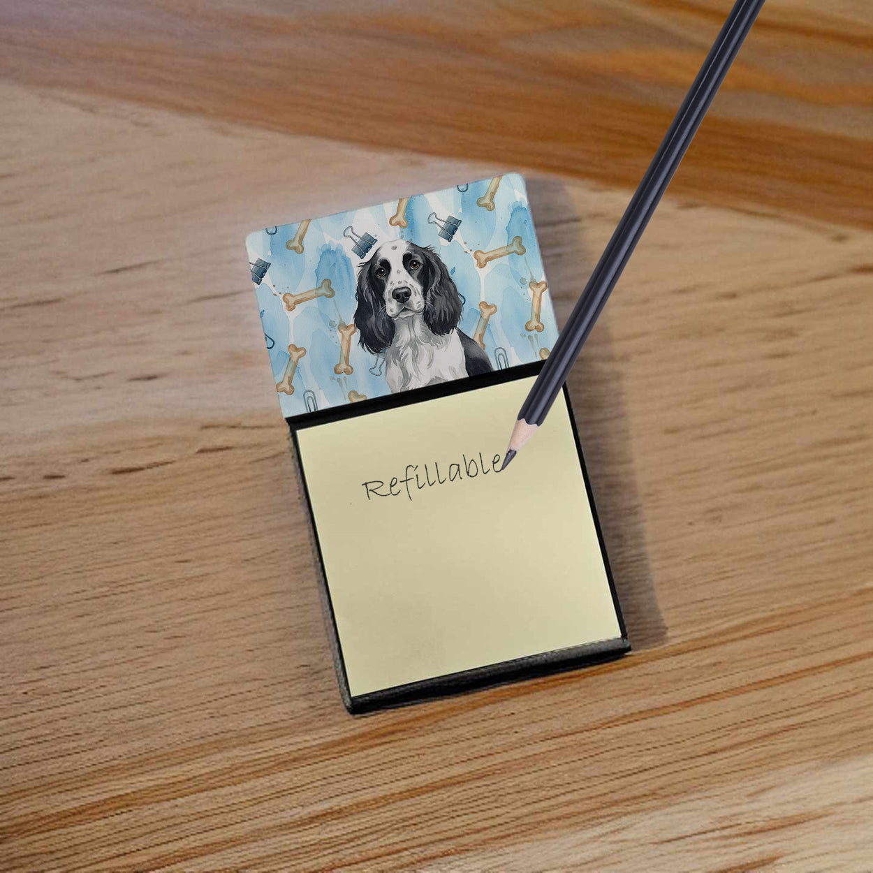 Black and White English Springer Spaniel Coworker Watercolor Sticky Note Holder Refillable Dispenser Desk Accessory 3x3 Pad Gift