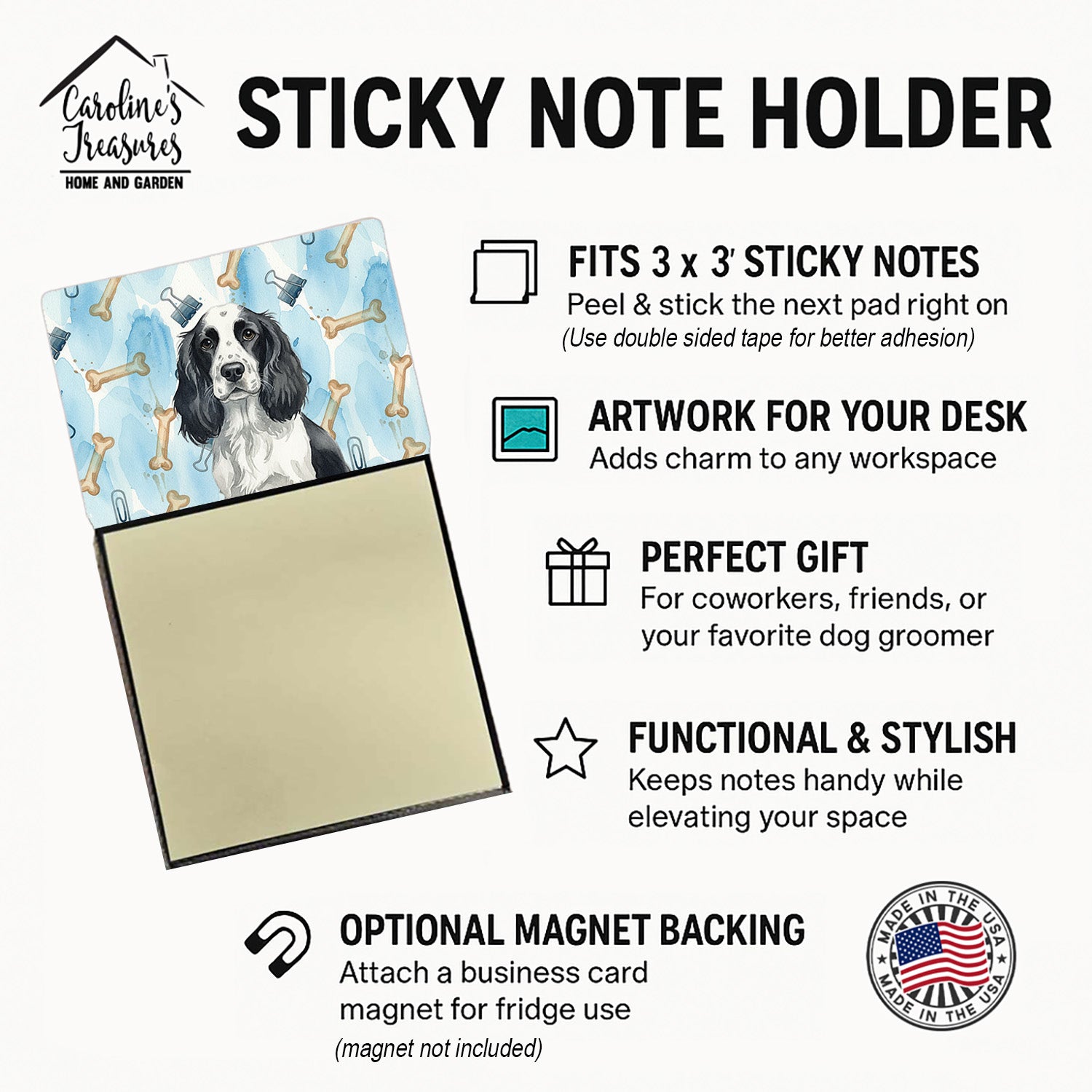 Black and White English Springer Spaniel Coworker Watercolor Sticky Note Holder Refillable Dispenser Desk Accessory 3x3 Pad Gift