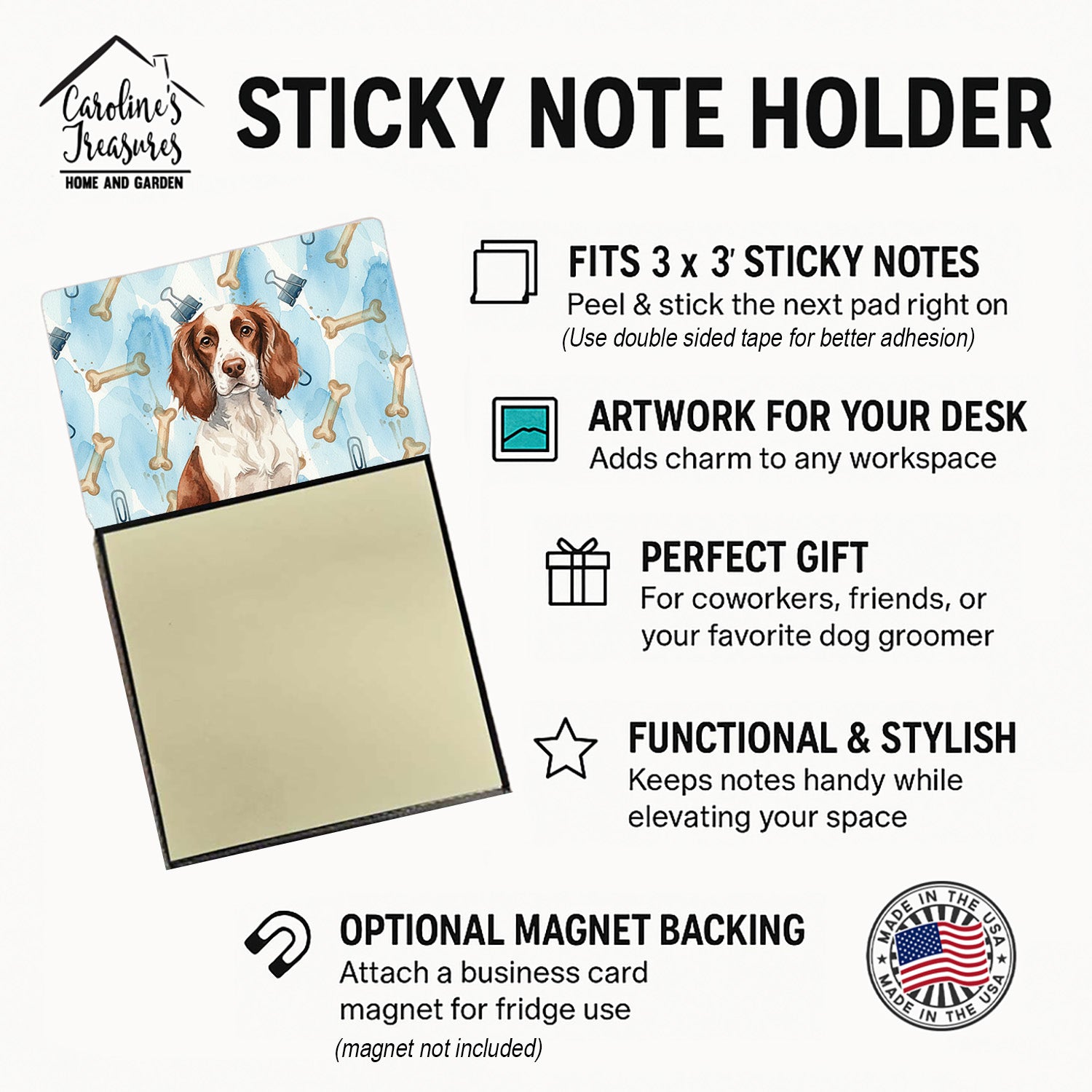 Liver and White English Springer Spaniel Coworker Watercolor Sticky Note Holder Refillable Dispenser Desk Accessory 3x3 Pad Gift
