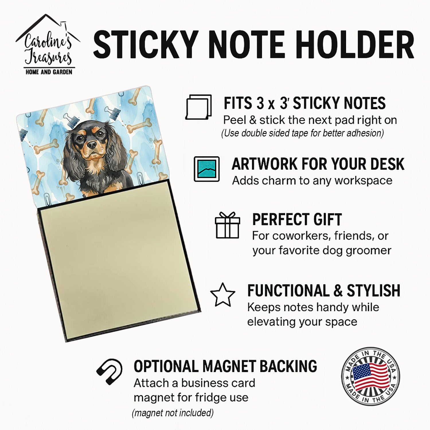 Black and Tan English Toy Spaniel Coworker Watercolor Sticky Note Holder Refillable Dispenser Desk Accessory 3x3 Pad Gift